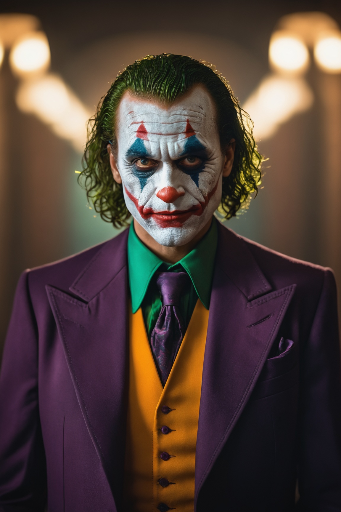(portrait,joker,man,creepy look,detailed eyes,shallow depth of field,vignette,highly detailed,high budget Hollywood film),(best quality,4k,8k,highres,masterpiece:1.2),ultra-detailed,(realistic,photorealistic,photo-realistic:1.37),portraits,sharp focus,physically-based rendering,professional,vivid colors,bokeh,studio lighting,creepy color tones,subtle shadows