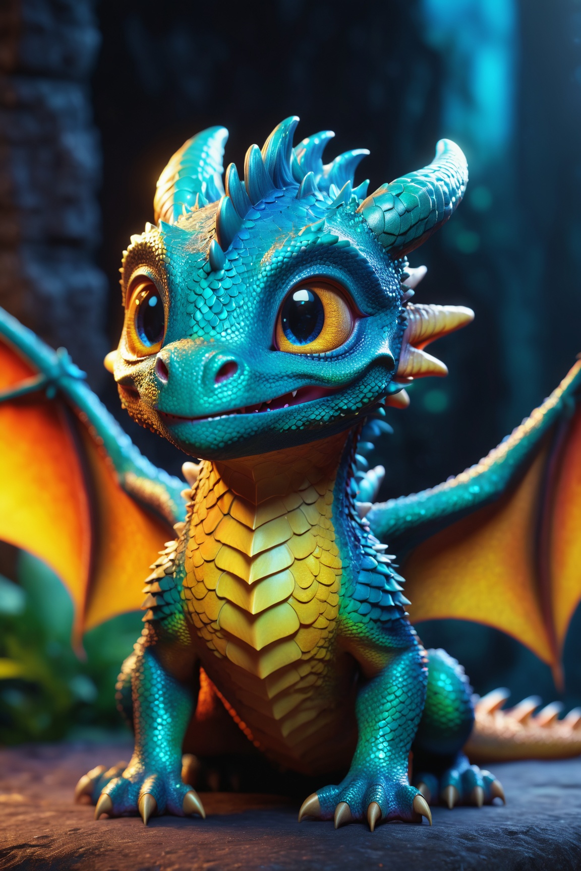 baby dragon, cinematic background, vibrant colors, UHD, 16k, 3D rendering, detailed scales, adorable face and expression, sparkling eyes, fluffy wings, playful pose, magical atmosphere, realistic textures, professional artwork, fantasy art style, mystical lighting, captivating composition, epic fantasy scene