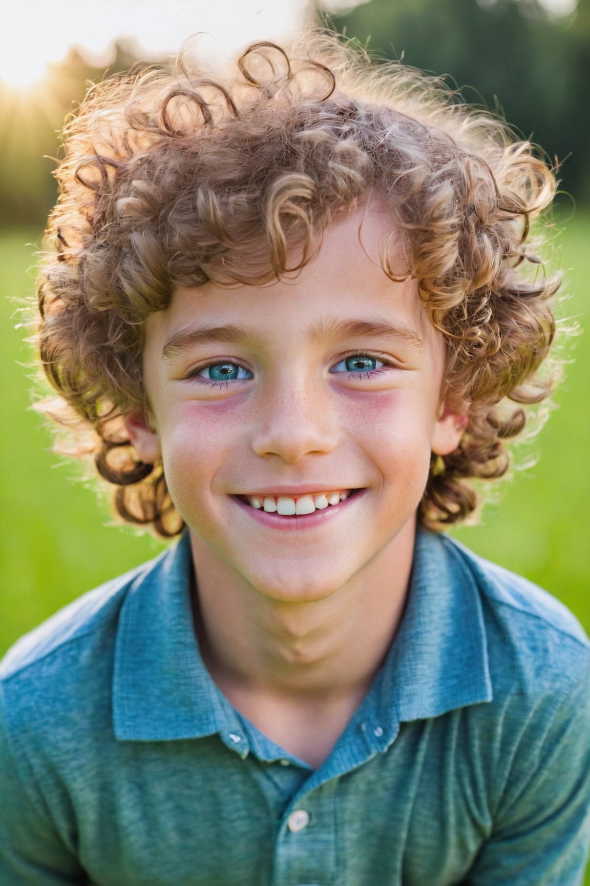(best quality,highres,masterpiece:1.2),beautiful detailed face, cute smile,outdoor,boy,blue eyes,soft curly hair,lively expression,playful pose,vibrant colors,warm sunlight,green grass,trees in the background