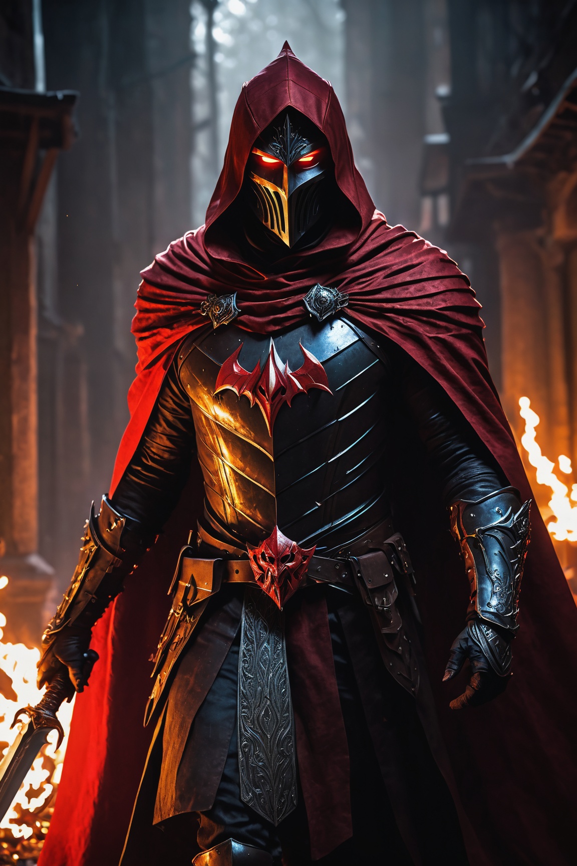 (ultra-detailed CG unity 8K wallpaper, masterpiece, best quality, depth of field, HDR, intricate) - Create an (imposing) and (meticulously composed) masterpiece, an ultra-detailed CG 8K wallpaper with breathtaking depth of field and HDR. The scene features a (tall sinister dark killer) adorned in (dark and light armor) with (bright red eyes), a (metal mask), and a discreet (red cape). The sinister figure is depicted (walking in a burning village) while clutching (sharp daggers) in his arms. This (impressive) (dark fantasy) illustration is inspired by the art style of (Greg Rutkowski) with elements of (daarken). The character is dramatically lit with (red studio lighting), and the post-processing is designed to achieve the highest (8K resolution) with a (dark background) to intensify the ominous atmosphere.