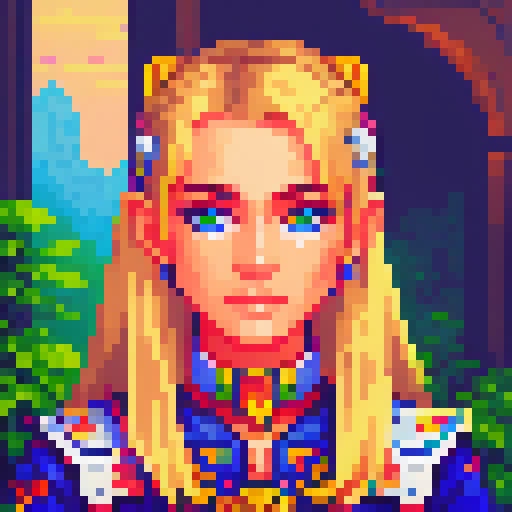 Beautiful blonde girl, stunning, detailed, portrait,, pixel art, PixArFK,<lora:PixArFK6415PasWithoutTE:1>