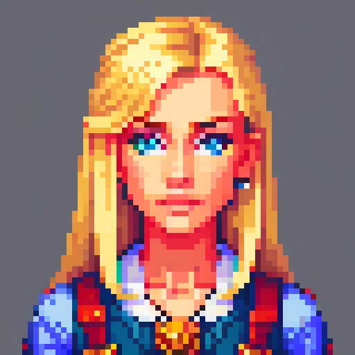 Beautiful blonde girl, stunning, detailed, portrait,, pixel art, PixArFK,<lora:PixArFK6415PasWithoutTE:1>