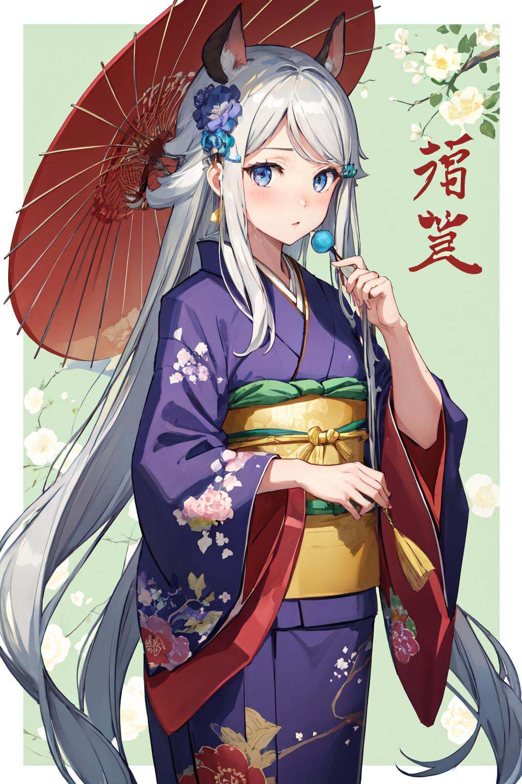 masterpiece, (detailed, highres, best quality), 1girl, <lora:spnayutaKani-08:1> nayutadef, hair scrunchie, bow, brown bow, chinese zodiac, crescent hair ornament, floral print, hair bow, hair ornament, haori, japanese clothes, kimono, long sleeves, obi, oil-paper umbrella, pig hair ornament, pink kimono, print kimono, red umbrella, sash, wide sleeves, year of the pig, blue flower, egasumi, flower, green background, rabbit, year of the rabbit