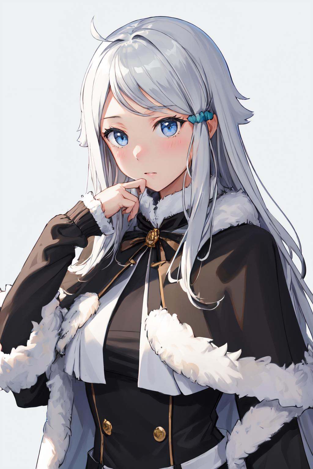 masterpiece, (detailed, highres, best quality), 1girl, <lora:spnayutaKani-08:1> nayutadef, hair scrunchie, black shirt, blue capelet, capelet, frills, fur-trimmed capelet, fur trim, long sleeves, puffy long sleeves, puffy sleeves, shirt, sleeves past wrists, close-up, simple background