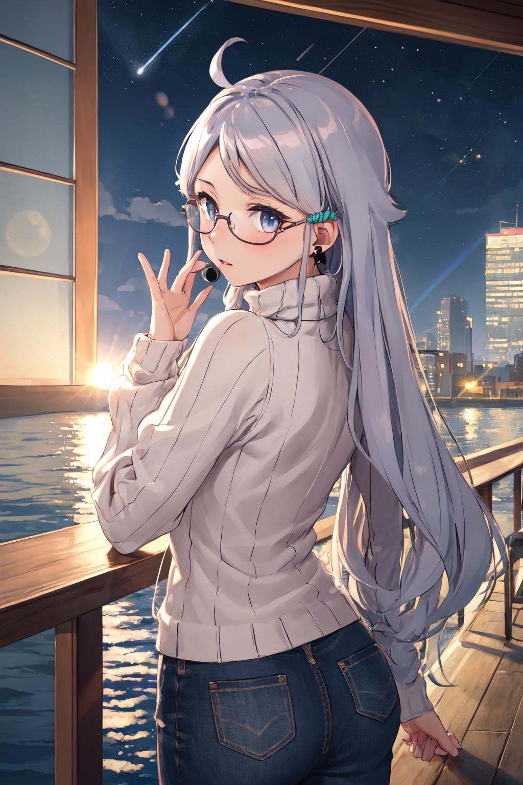 masterpiece, (detailed, highres, best quality), 1girl, <lora:spnayutaKani-08:1> nayutadef, hair scrunchie, pink-framed eyewear, pink sweater, ribbed sweater, sweater, turtleneck, wireless earphones, cloud, dusk, from behind, harbor, lens flare, night, night sky, outdoors, sky, star (sky), starry sky