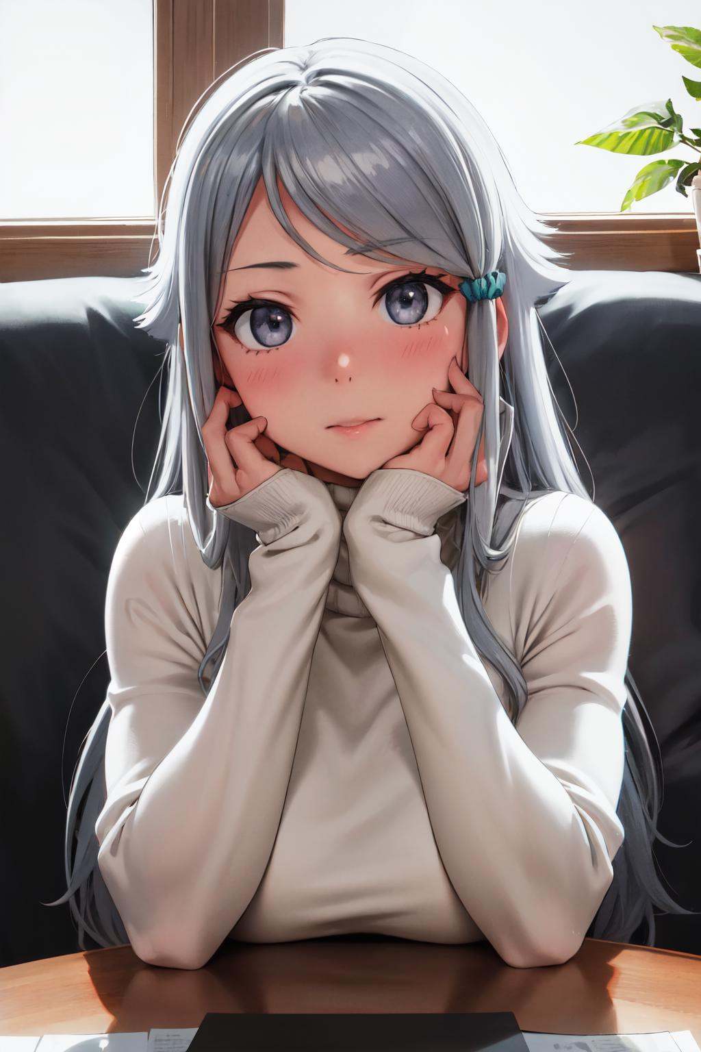 masterpiece, (detailed, highres, best quality), 1girl, <lora:spnayutaKani-08:1> nayutadef, hair scrunchie, straight-on, black sweater, ribbed sweater, black dress, white shirt, white socks, upper body, face focus