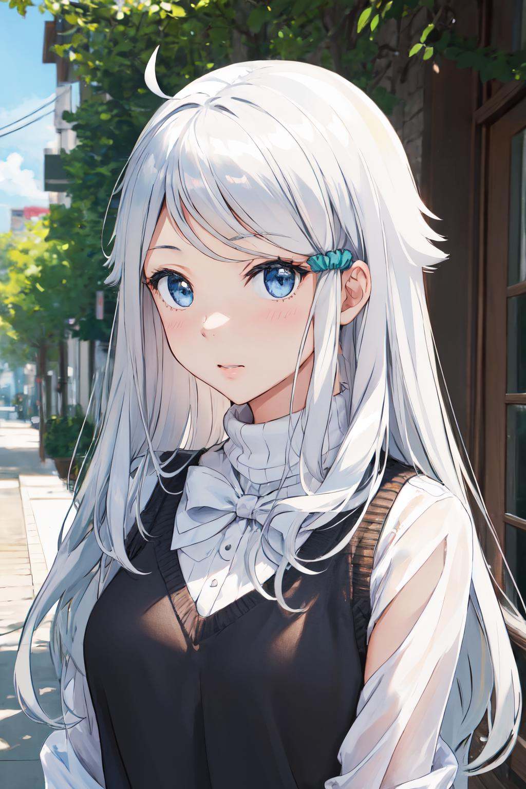 masterpiece, (detailed, highres, best quality), 1girl, <lora:spnayutaKani-08:1> nayutadef, hair scrunchie, straight-on, black sweater, black dress, white shirt, white socks, upper body, face focus