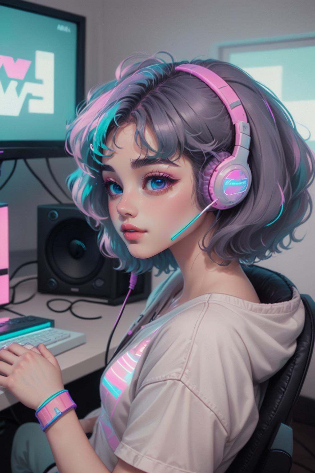 cutecore vaporwave style,  a woman listening to music in her room,  headset on Tensor.Art