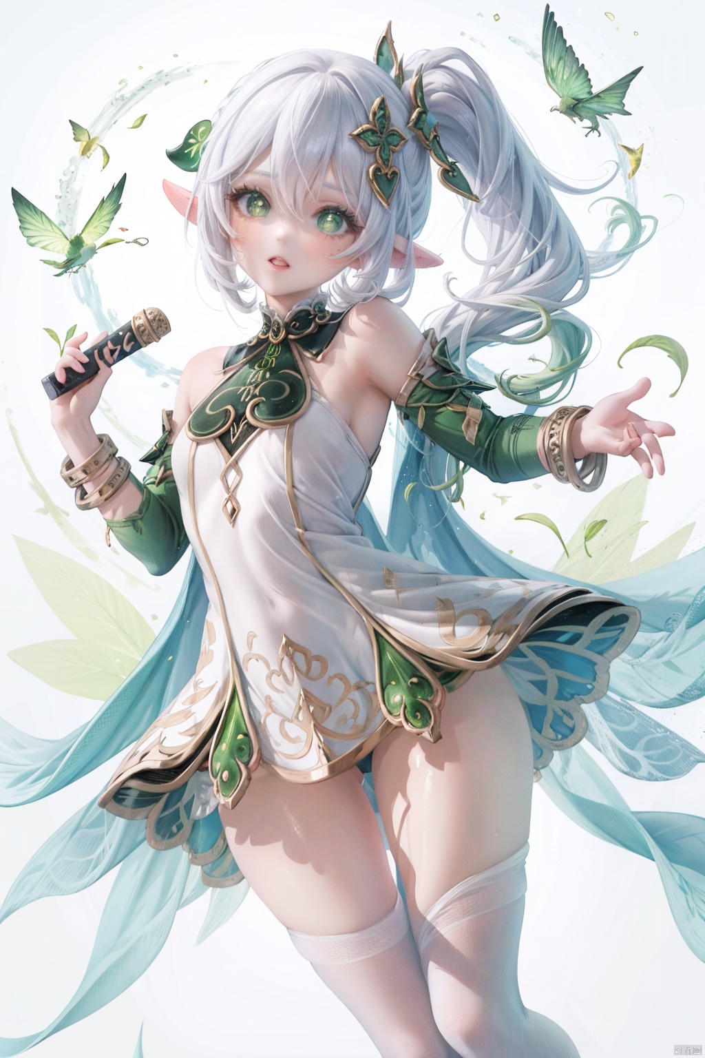 1girl, white hair, multicolored hair,  side ponytail, hair ornament, green eyes, symbol-shaped pupils, pointy ears,  jewelry,  detached sleeves, bracelet,  , white dress, toeless legwear,<lora:EMS-89887-EMS:0.600000>,<lora:EMS-15422-EMS:0.700000>