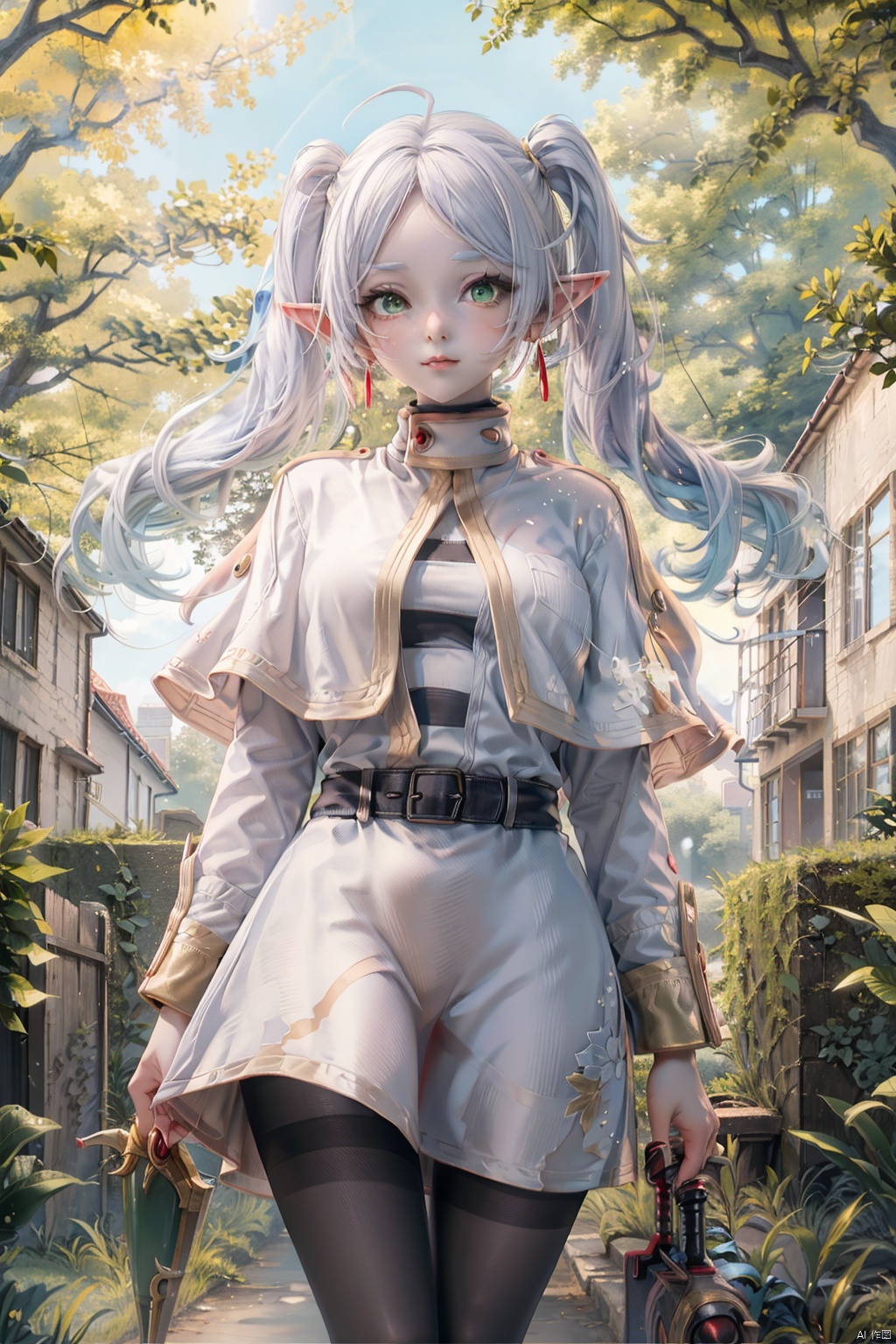 fll, twintails, 1girl, pointy ears, round face,white hair, green eyes, elf, pantyhose, long hair, earrings, black pantyhose, white capelet,longsleeves,dress<lora:EMS-58358-EMS:0.700000>, <lora:EMS-89916-EMS:0.800000>