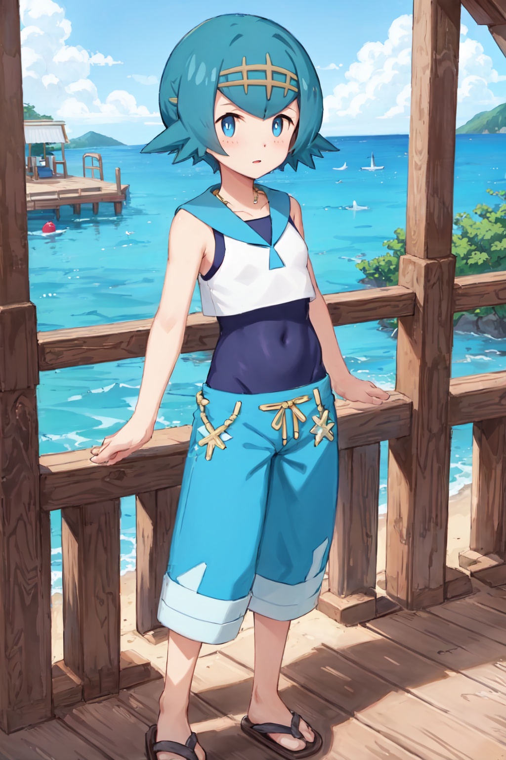 Lana,  small breasts,  blue one-piece swimsuit on Tensor.Art
