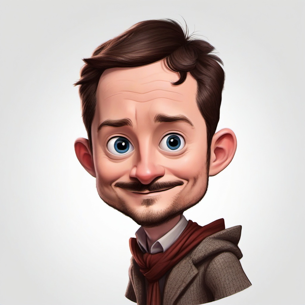 Create a whimsical caricature of Elijah Wood,  amplifying his distinctive features and expressions. The image should show...