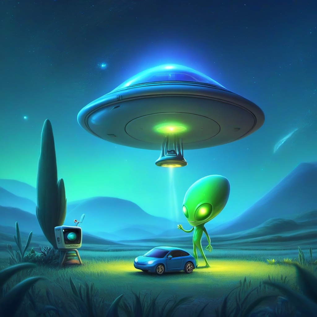 Create a whimsical scene of an alien parking his UFO in a serene,  rural setting. The alien should be depicted with exagge...