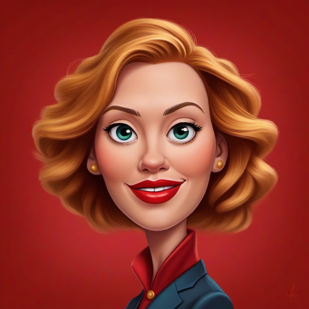 Create a playful caricature of Scarlett Johansson,  emphasizing her recognizable features with exaggerated expressions and...