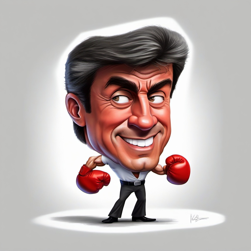 Create a humorous caricature of Sylvester Stallone,  emphasizing his distinctive features and powerful presence. The image...