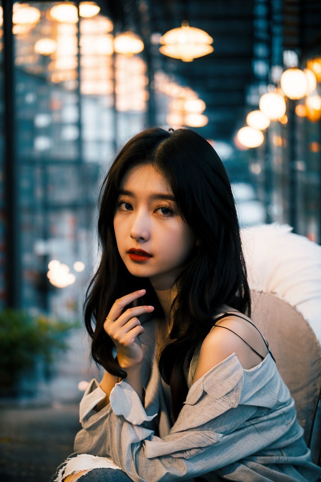   1  girl,  young,  solo,  (late  teens),  beautiful,  large  eyes,  light  makeup,  black  hair,  long  hair,  white  shirt,  jeans,  (boots:1.2),  thighhighs,  street,  night,  city  lights,  neon  signs,  HDR,  Accent  Lighting,  close-up,  upper  body,  looking  at  viewer,  beautiful  detailed  eyes,  light  blush,  nose  blush,  vibrant,  energetic,  urban,  modern,  (cinematic  composition:1.2),  depth  of  field,  realistic,  ambient  light.
Wuqiii,