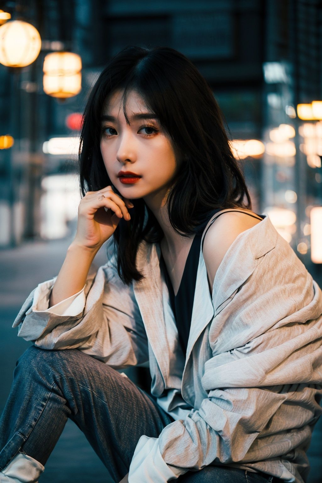  1 girl, young, solo, (late teens), beautiful, large eyes, light makeup, black hair, long hair, white shirt, jeans, (boots:1.2), thighhighs, street, night, city lights, neon signs, HDR, Accent Lighting, close-up, upper body, looking at viewer, beautiful detailed eyes, light blush, nose blush, vibrant, energetic, urban, modern, (cinematic composition:1.2), depth of field, realistic, ambient light.
Wuqiii,