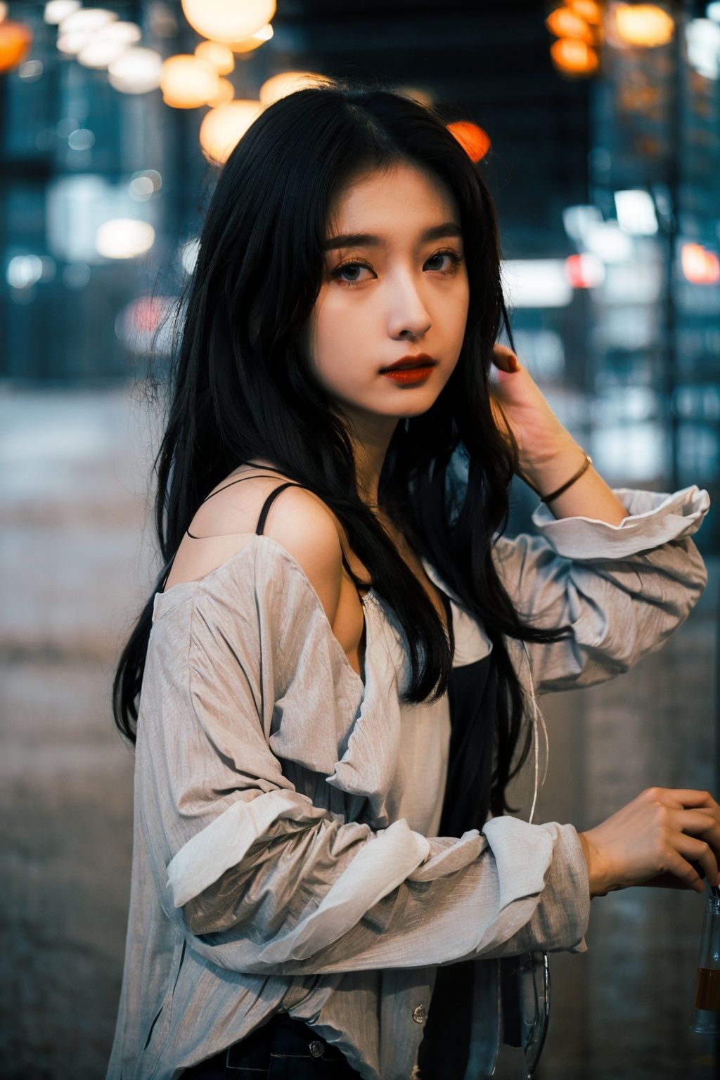   1  girl,  young,  solo,  (late  teens),  beautiful,  large  eyes,  light  makeup,  black  hair,  long  hair,  white  shirt,  jeans,  (boots:1.2),  thighhighs,  street,  night,  city  lights,  neon  signs,  HDR,  Accent  Lighting,  close-up,  upper  body,  looking  at  viewer,  beautiful  detailed  eyes,  light  blush,  nose  blush,  vibrant,  energetic,  urban,  modern,  (cinematic  composition:1.2),  depth  of  field,  realistic,  ambient  light.
Wuqiii,