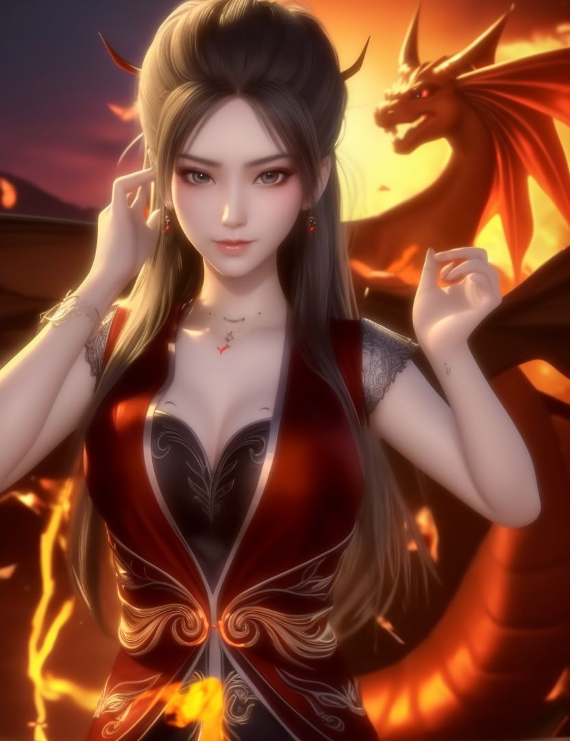 ultra realistic 8k cg, picture-perfect face, flawless, clean, masterpiece, professional artwork, famous artwork, cinematic lighting, cinematic bloom, perfect face, beautiful face, fantasy, dreamlike, unreal, science fiction, huge breasts, beautiful clothes, lace, lace trim, lace-trimmed legwear,  (rich:1.4), prestige, luxury, jewelry, diamond, gold, pearl, gem, sapphire, ruby, emerald, intricate detail, delicate pattern, charming, alluring, seductive, erotic, enchanting, hair ornament, necklace, earrings, bracelet, armlet,halo((,1girl, pov,))((breathing_fire, burning, campfire, embers, explosion, fiery_hair, fiery_wings, fire, flame, flaming_sword, flaming_weapon, molten_rock, orange_sky, pyrokinesis, sunset, torch, fireplace, phoenix, autumn, tail-tip_fire, orange_theme, volcano, sun, long_hair, twilight, orange_background, burnt_clothes, autumn_leaves, evening, sparks, fujiwara_no_mokou, yellow_sky, 1girl, magic, red_sky, firing, wheat, gradient_sky, dusk, dragon_tail, charizard, charmander, dragon_girl, arm_up, solo, muzzle_flash, dragon_horns, ginkgo_leaf)) <lora:DA_YanLinRedWeddingDressWide焰灵:0.6> 