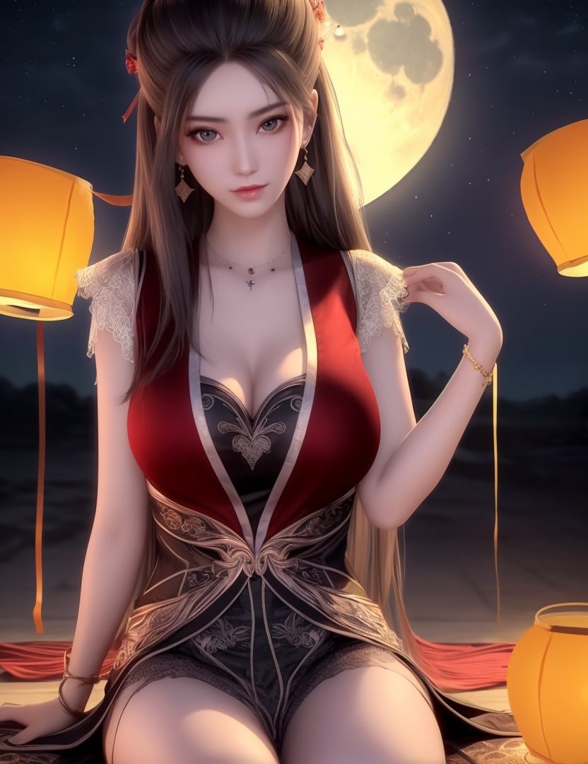 ultra realistic 8k cg, picture-perfect face, flawless, clean, masterpiece, professional artwork, famous artwork, cinematic lighting, cinematic bloom, perfect face, beautiful face, fantasy, dreamlike, unreal, science fiction, huge breasts, beautiful clothes, lace, lace trim, lace-trimmed legwear,  (rich:1.4), prestige, luxury, jewelry, diamond, gold, pearl, gem, sapphire, ruby, emerald, intricate detail, delicate pattern, charming, alluring, seductive, erotic, enchanting, hair ornament, necklace, earrings, bracelet, armlet,halo((,1girl, pov,))((full_moon, moon, night, moonlight, night_sky, 1girl, sky, star_\(sky\), red_moon, starry_sky, long_hair, solo, paper_lantern, lantern, sitting))      <lora:DA_YanLinRedWeddingDressWide焰灵:0.6>