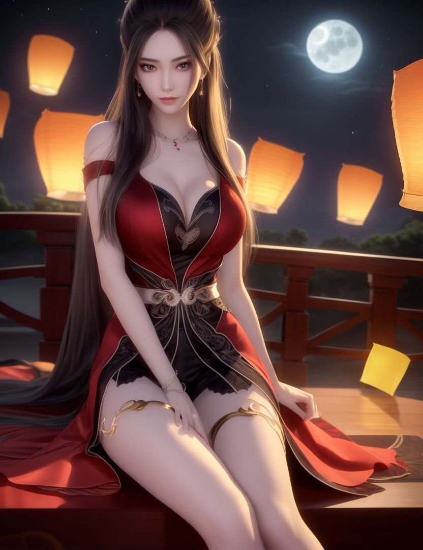 ultra realistic 8k cg, picture-perfect face, flawless, clean, masterpiece, professional artwork, famous artwork, cinematic lighting, cinematic bloom, perfect face, beautiful face, fantasy, dreamlike, unreal, science fiction, huge breasts, beautiful clothes, lace, lace trim, lace-trimmed legwear,  (rich:1.4), prestige, luxury, jewelry, diamond, gold, pearl, gem, sapphire, ruby, emerald, intricate detail, delicate pattern, charming, alluring, seductive, erotic, enchanting, hair ornament, necklace, earrings, bracelet, armlet,halo((,1girl, pov,))((full_moon, moon, night, moonlight, night_sky, 1girl, sky, star_\(sky\), red_moon, starry_sky, long_hair, solo, paper_lantern, lantern, sitting))      <lora:DA_YanLinRedWeddingDressWide焰灵:0.6>