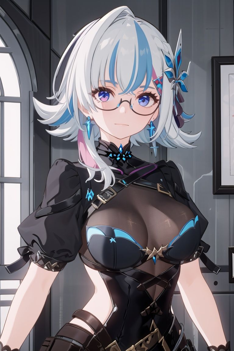 paluodi, 1girl, black-framed eyewear, breasts, cleavage, closed mouth, clothing cutout, fishnet gloves, upper body, gloves, jewelry, looking at viewer, see-through, solo, close up, indoors, <lora:paluodi:0.8>
