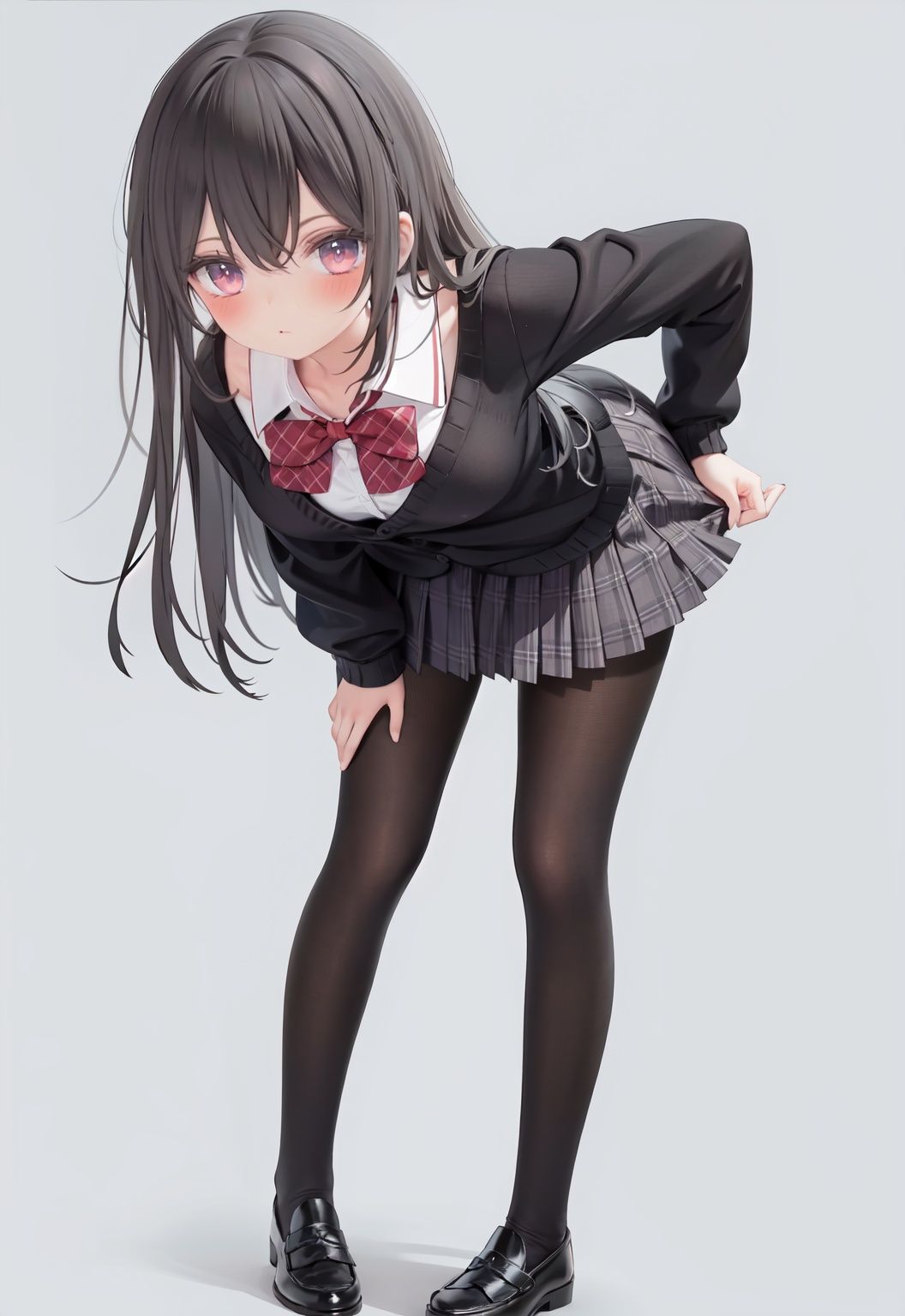  1girl, solo, pantyhose, skirt, long hair, loafers, shoes, simple background, school uniform, brown eyes, plaid, black pantyhose, plaid skirt, looking at viewer, black hair, pantyhose pull, full body, clothes pull, black footwear, pleated skirt, leaning forward, bangs, long sleeves, bent over, cardigan, bow, bowtie, standing, closed mouth, pulled by self, grey background, blush, miniskirt, red bow, sweater, **********