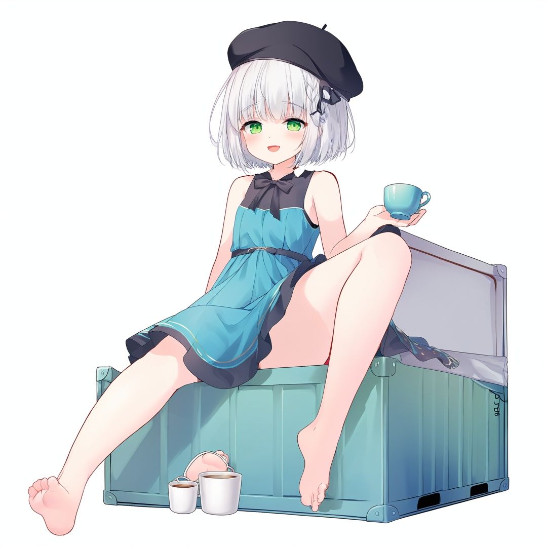  1girl, cup, solo, hat, in cup, braid, white hair, open mouth, feet, looking at viewer, toes, dress, smile, wrist cuffs, teacup, barefoot, shoes, bangs, soles, black headwear, in container, beret, white background, collarbone, :d, bare legs, green eyes, sitting, shoes removed, short hair, sleeveless, full body, single shoe, blue dress, blunt bangs, bare shoulders, breasts, ribbon, simple background