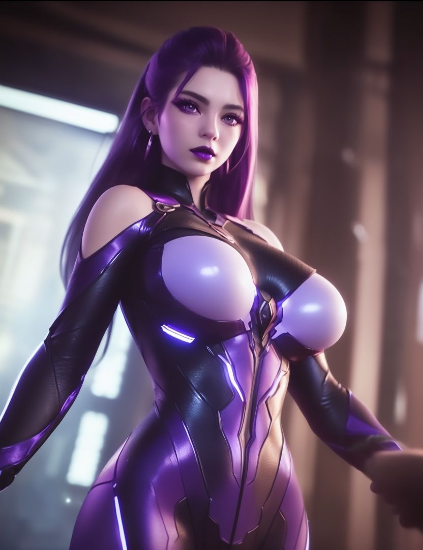 ultra realistic 8k cg, picture-perfect face, flawless, clean, masterpiece, professional artwork, famous artwork, cinematic lighting, cinematic bloom, perfect face, beautiful face, fantasy, dreamlike, unreal, science fiction, huge breasts, beautiful clothes, lace,((,1girl, pov,))  <lora:DA_NingHongYeHacker:0.6>(((letterboxed, 1girl, bodysuit, breasts, solo, purple_hair, earrings, purple_lips, long_hair, makeup, glowing)))