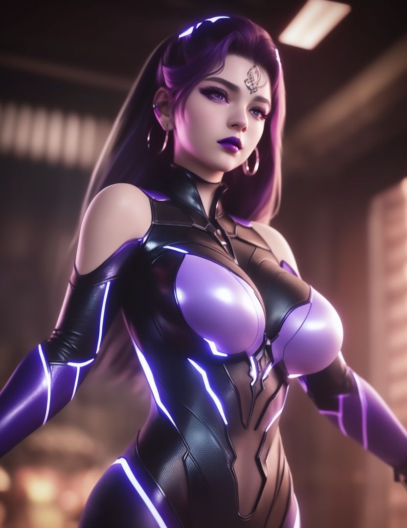 ultra realistic 8k cg, picture-perfect face, flawless, clean, masterpiece, professional artwork, famous artwork, cinematic lighting, cinematic bloom, perfect face, beautiful face, fantasy, dreamlike, unreal, science fiction, huge breasts, beautiful clothes, lace,((,1girl, pov,))  <lora:DA_NingHongYeHacker:0.6>(((letterboxed, 1girl, bodysuit, breasts, solo, purple_hair, earrings, purple_lips, long_hair, makeup, glowing)))