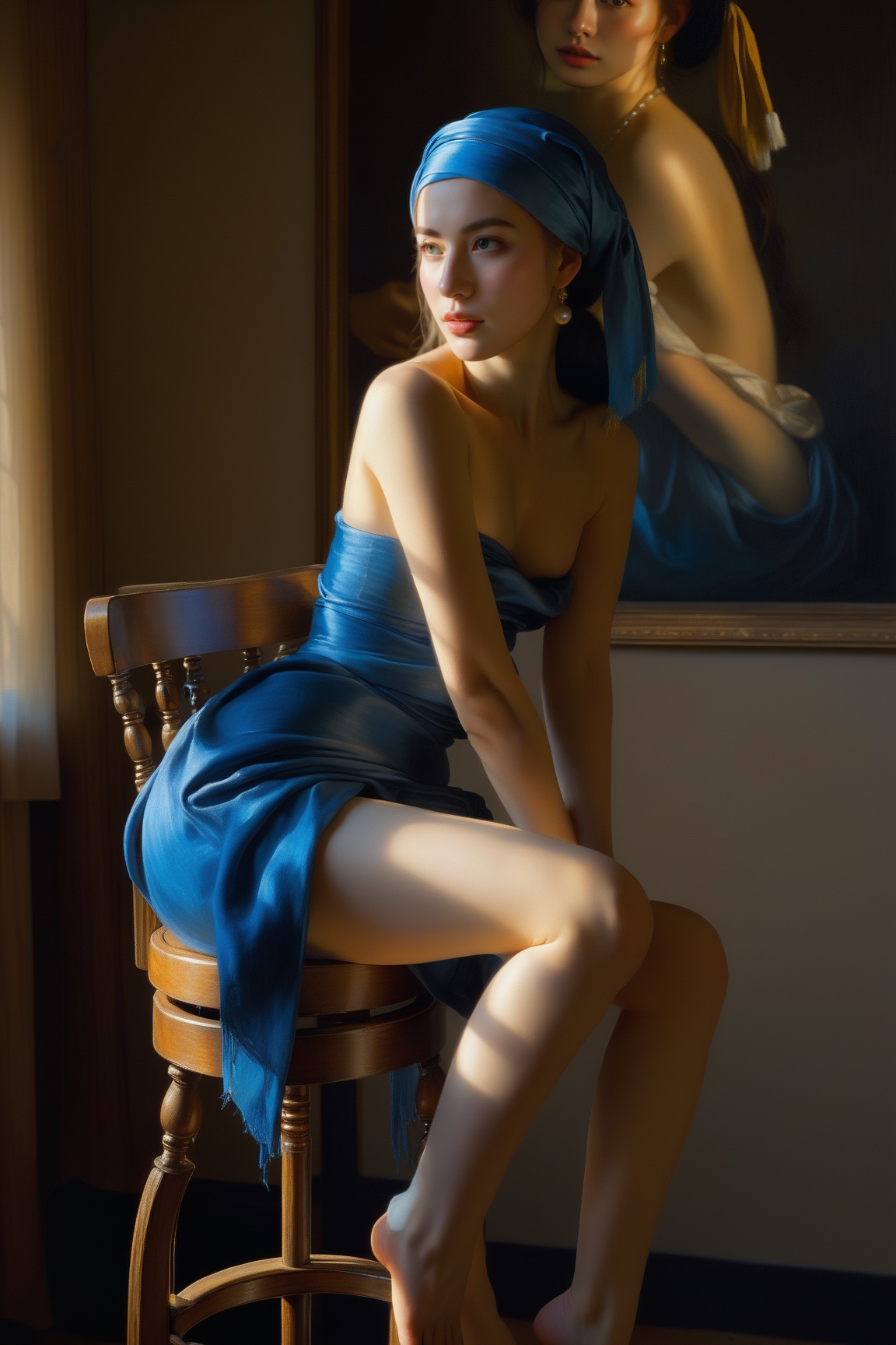  Painting of lady Johannes Vermeer, Girl with a Pearl Earring, naked, beautiful, sitting on a barstool chair, dynamic posture, (perfect anatomy), (narrow waist:1.1), (heavenly), (black haired goddess with neon blue eyes:1.2), by Daniel F. Gerhartz.Cowboy shot, full body, (masterpiece) (beautiful composition) (Fuji film), DLSR, highres, high resolution, intricately detailed, (hyperrealistic oil painting:0.77), 4k, highly detailed face, highly detailed skin, dynamic lighting, Rembrandt lighting., monkren, sunlight, realistic