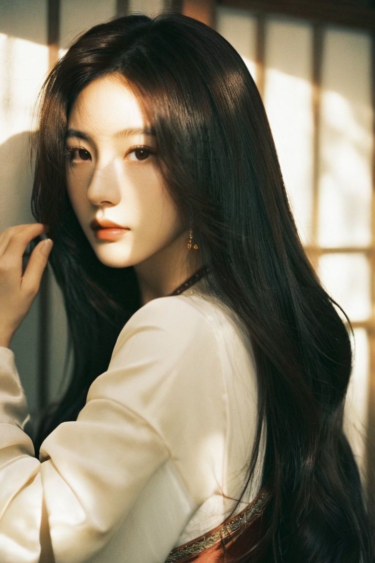  breathtaking 1girl,long hair,black hair,parted lips,brown eyes,brown hair,mole,standing,lips,moody lighting,polaroid,white skin,,hanfu,reality,photo_(medium),realistic,hands on the back, . award-winning, professional, highly detailed, monkren