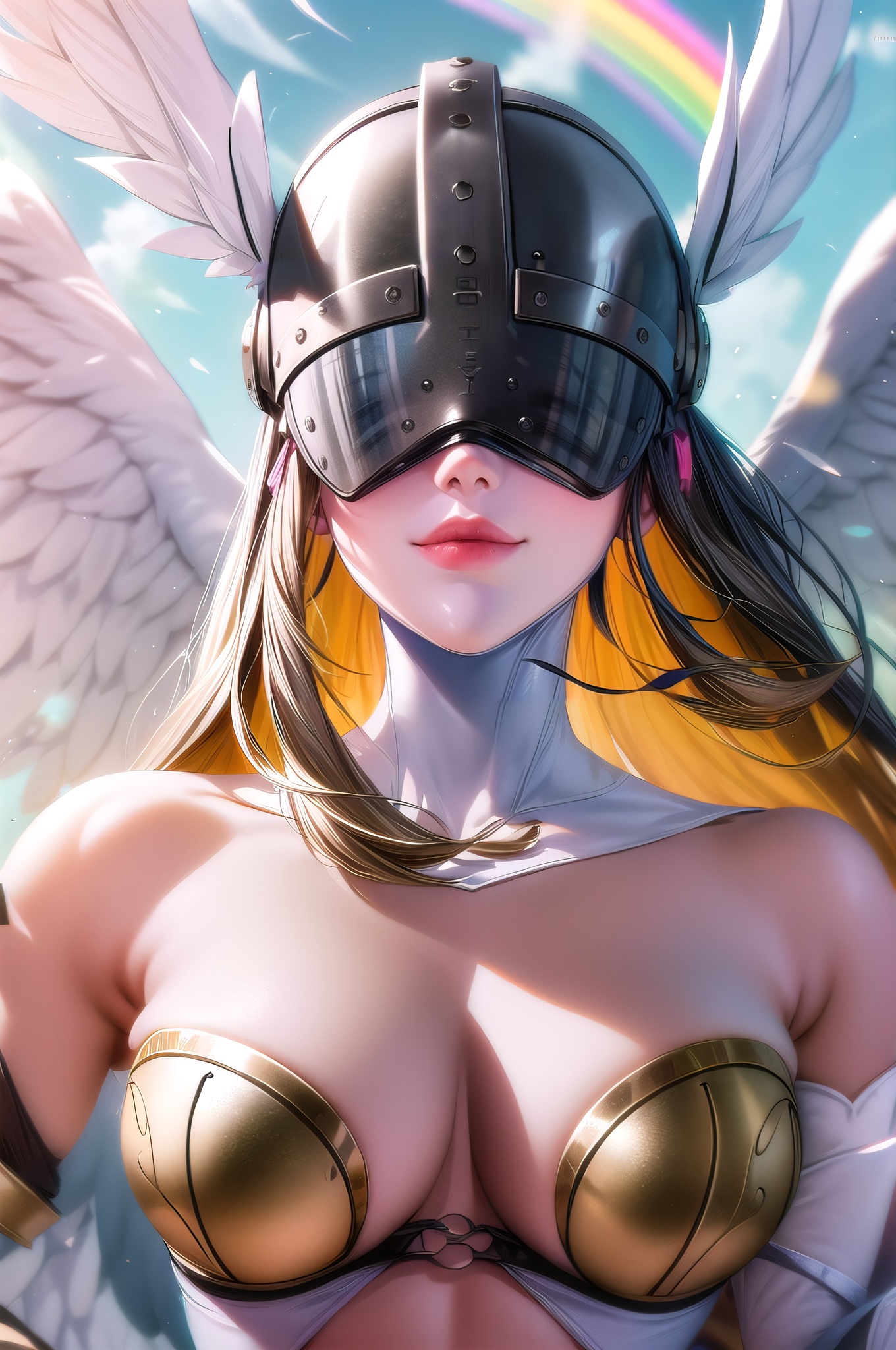 yuanshen,digimon \(creature\),1girl,breasts,solo,long hair,blonde hair,wings,helmet,angel wings,covered eyes,cleavage,multiple wings,feathered wings,large breasts,sky,bare shoulders,smile,asymmetrical clothes,belt,feathers,cloud,shawl,thigh strap,hagoromo,navel,gloves,head wings,angel,day,winged helmet, nice hands, perfect balance, looking at viewer, closed mouth, (Light_Smile:0.3), official art, extremely detailed CG unity 8k wallpaper, perfect lighting, Colorful, Bright_Front_face_Lighting, White skin, (masterpiece:1), (best_quality:1), ultra high res, 4K, ultra-detailed, photography, 8K, HDR, highres, absurdres:1.2, Kodak portra 400, film grain, blurry background, bokeh:1.2, lens flare, (vibrant_color:1.2), professional photograph, (narrow_waist),