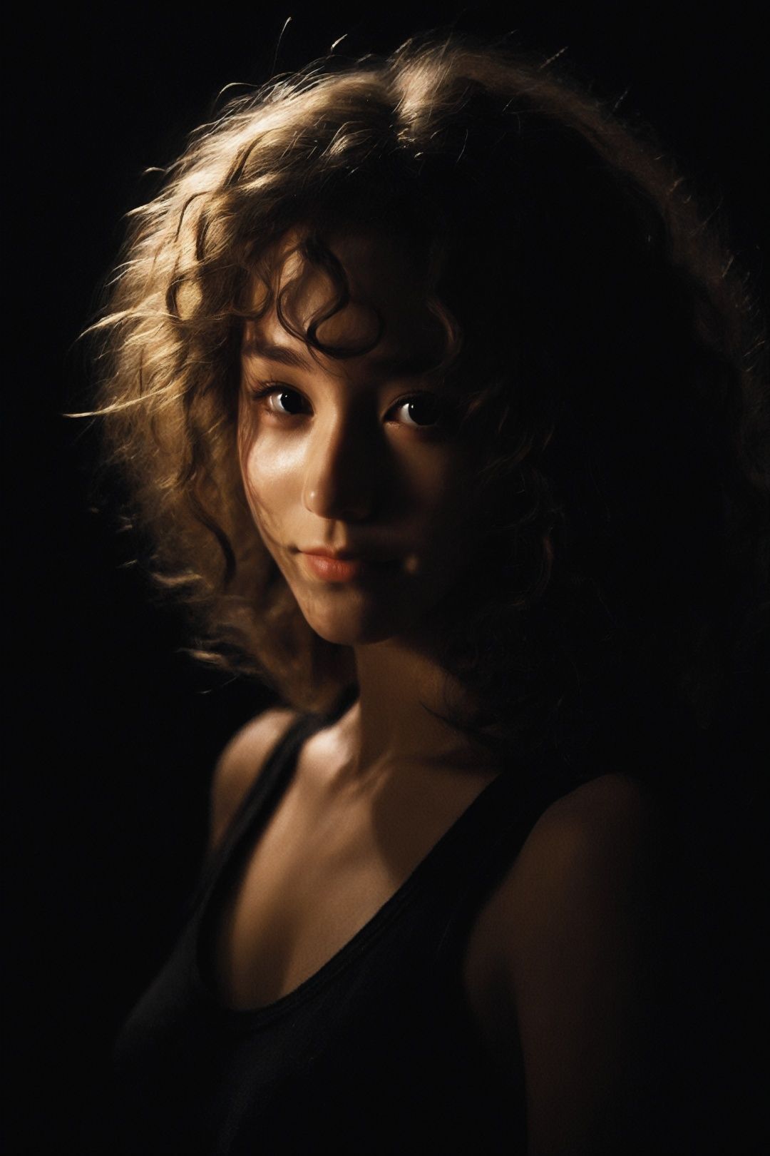  1girl,smirk,curly hair,in the dark,deep shadow, monkren