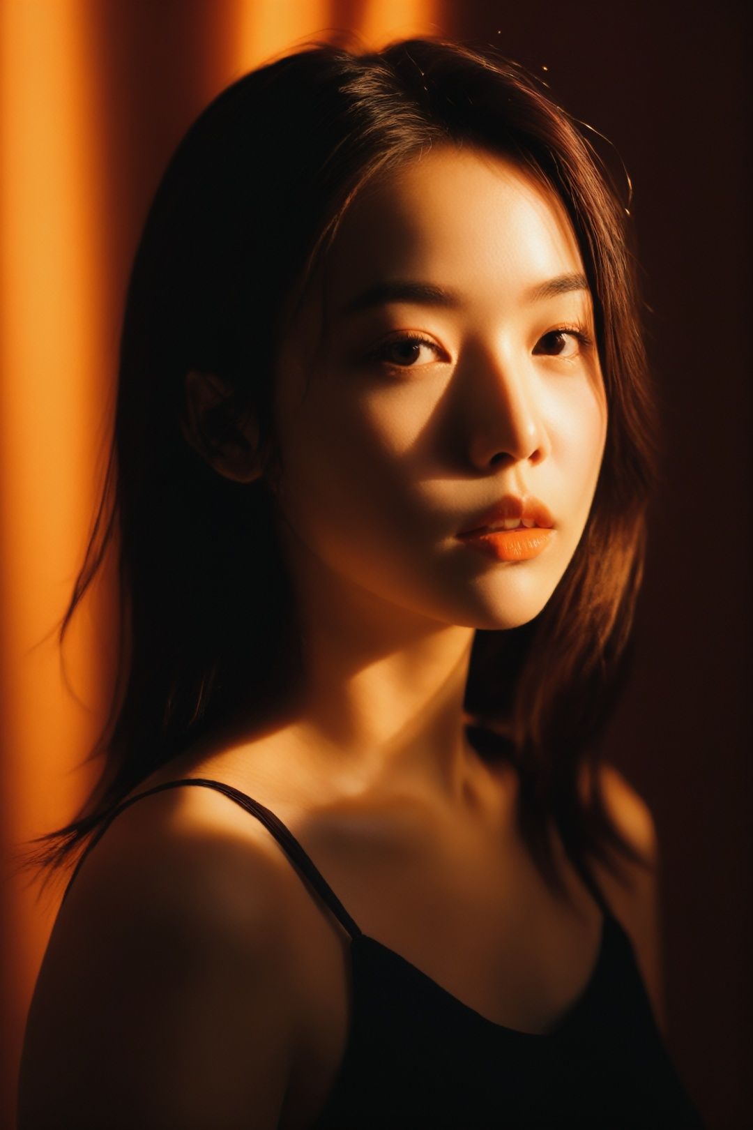  spotlight,1girl,upper body,dark theme,looking at viewer,parted lips,orange background,beautiful detailed skin,spotlight,dark theme, spotlight,dark theme,, silhouette,light master