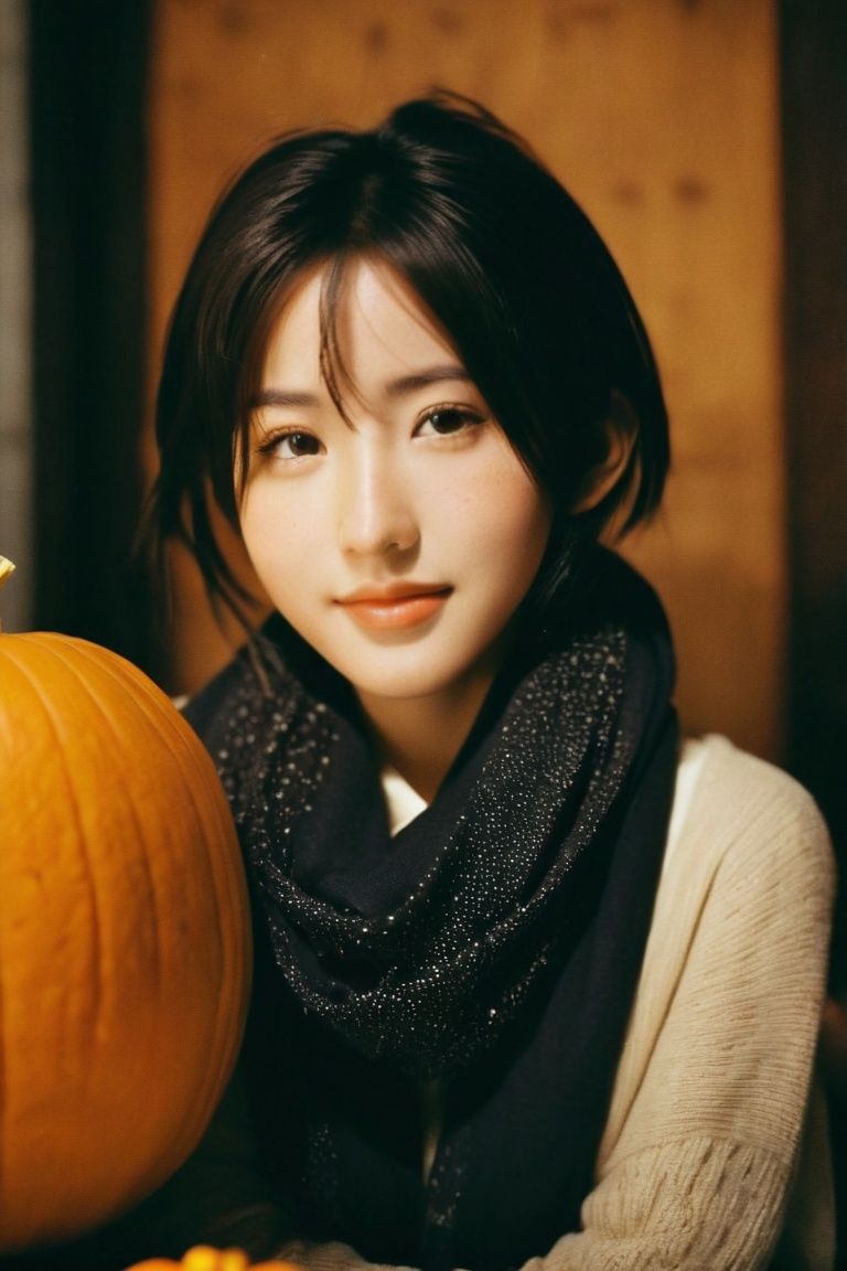 embedding:CompVis,(indistinguishable from reality:1.4), 1girl, \(1girl 13 year old Japanese girl happy smirk (Natural skin:1.2) (tifa_lockhart:0.6)\ (detailed facial features), (freckles:0.6), (acne:0.3), fashionable, scarf, fall, pumpkins (cinematic, film grain:1.2),rich details in the dark(cinematic, film grain:1.3)