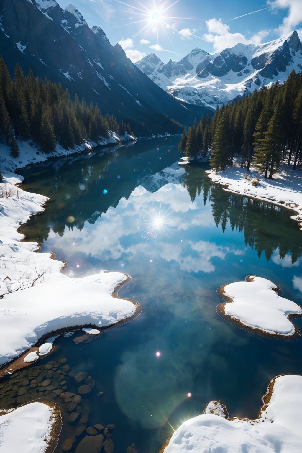 incredibly absurdres,unity 8k wallpaper, scenery,sky,(cloudy:1.2),tree,day,water,reflection,blue sky,forest,rock,wide shot, snow mountain,pine_tree,lens_flare,from_above,available light,huge filesize,