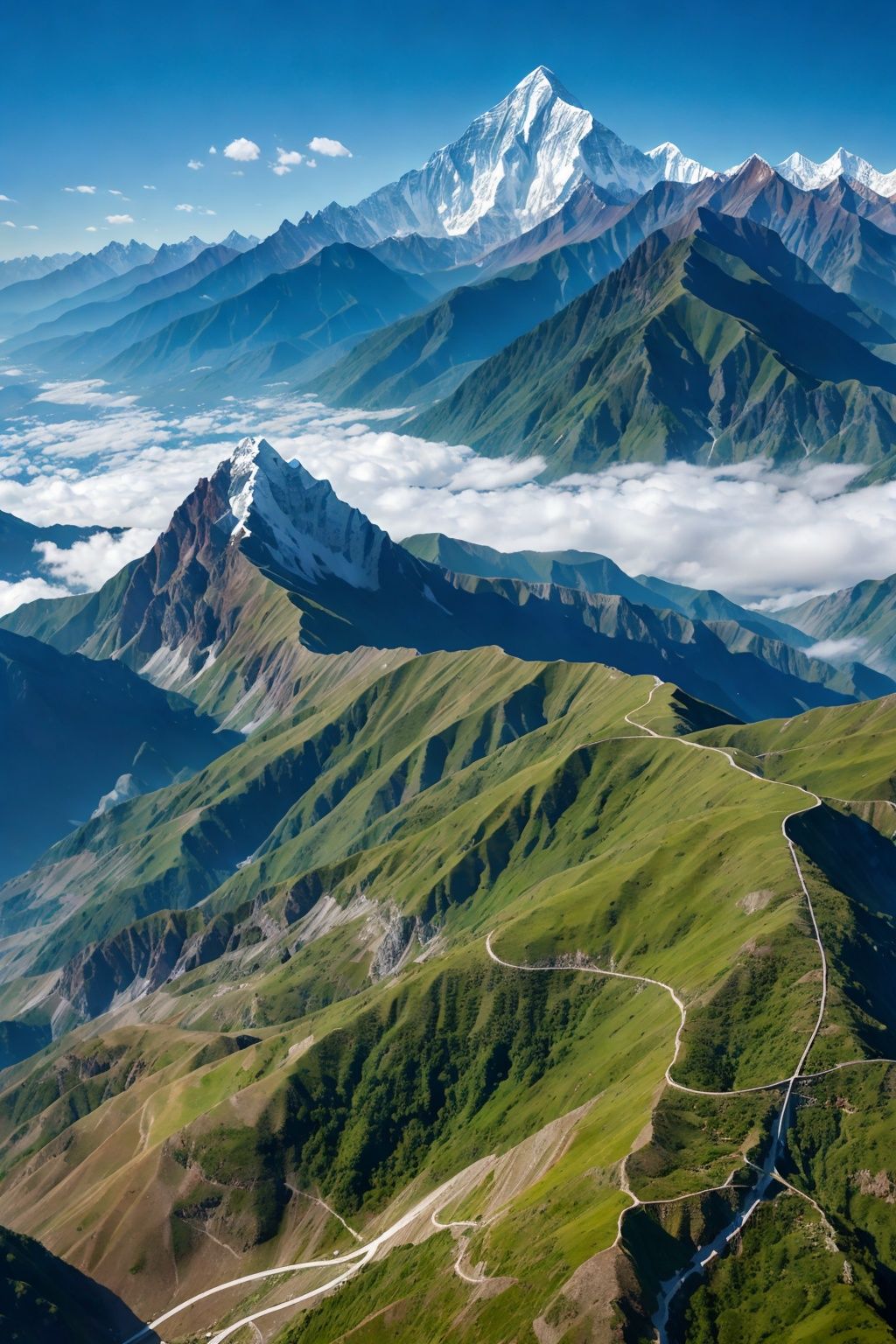 High mountains, mountains, Himalayas, huge mountains, aerial perspective, overlooking, dense forests, towering peaks