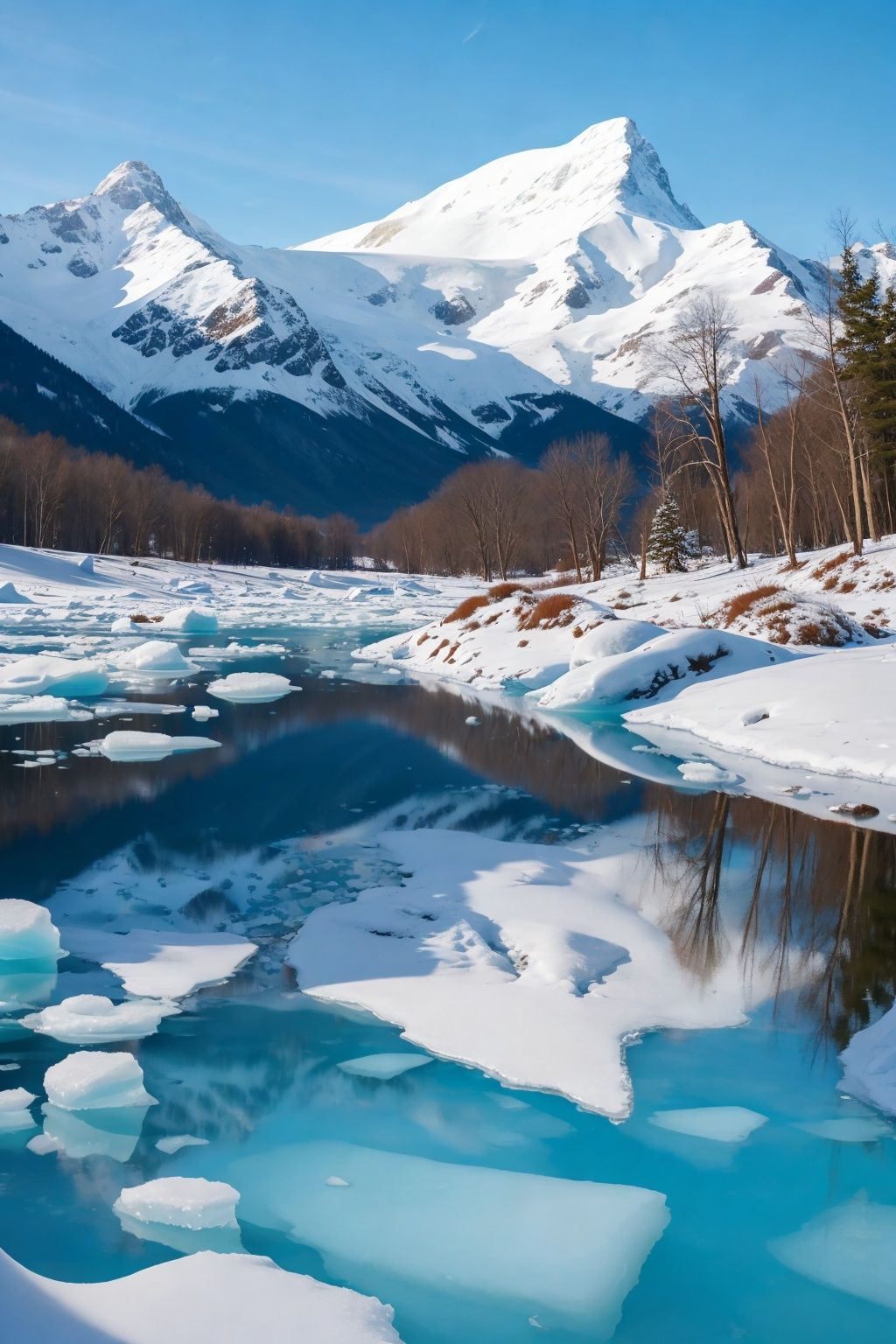 Mountains, lake, sky, clouds, winter, snow and ice