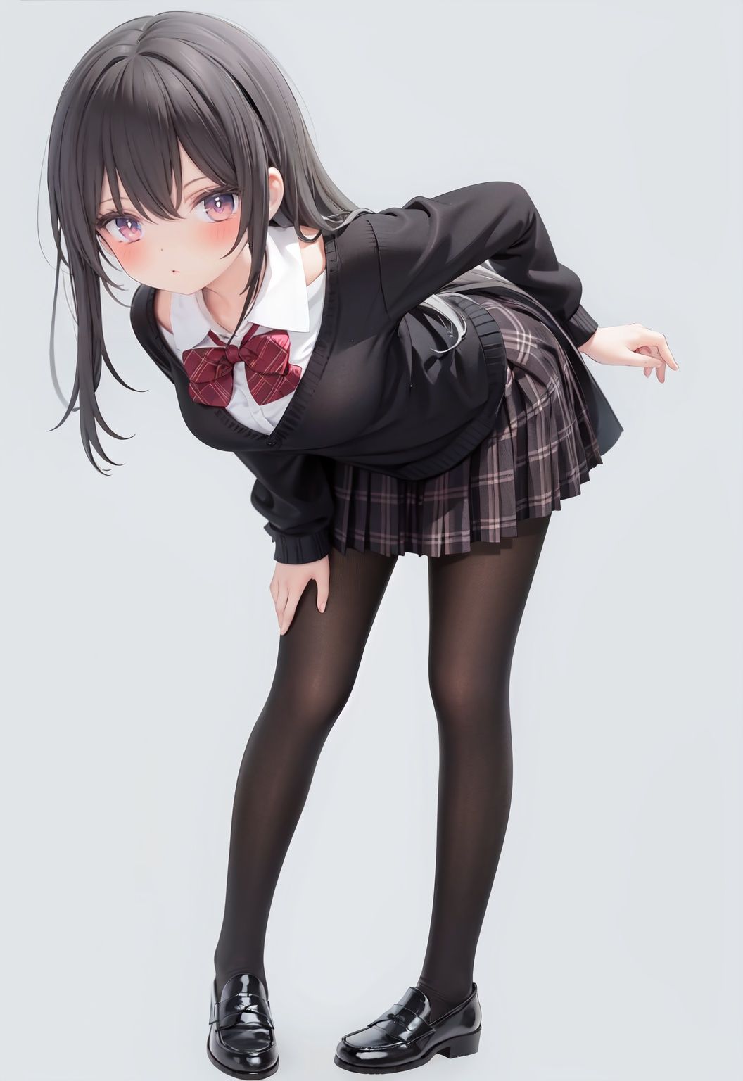  1girl, solo, pantyhose, skirt, long hair, loafers, shoes, simple background, school uniform, brown eyes, plaid, black pantyhose, plaid skirt, looking at viewer, black hair, pantyhose pull, full body, clothes pull, black footwear, pleated skirt, leaning forward, bangs, long sleeves, bent over, cardigan, bow, bowtie, standing, closed mouth, pulled by self, grey background, blush, miniskirt, red bow, sweater, **********