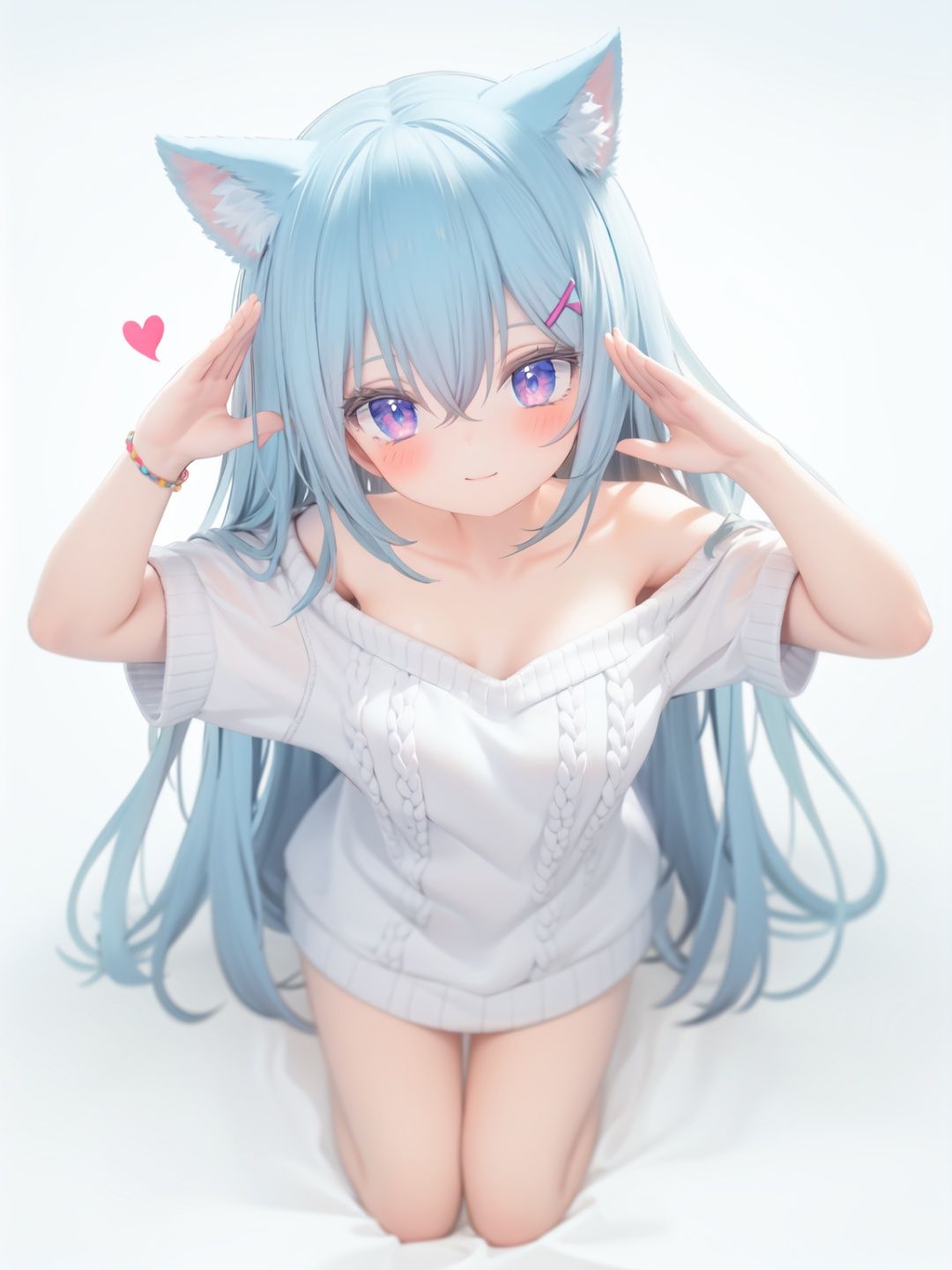  petite, loli, solo, animal ears, heart, puffy short sleeves, blue hair, long hair, off shoulder, bangs, hair ornament, gradient background,rainbow gradient, x hair ornament, animal ear fluff, looking at viewer, very long hair, blush, smile, cat ears, bare shoulders, collarbone, hand up, gradient sweater, hair between eyes, symbol-shaped pupils, arm up, heart-shaped pupils, hairclip, medium breasts, salute, bare legs,full body