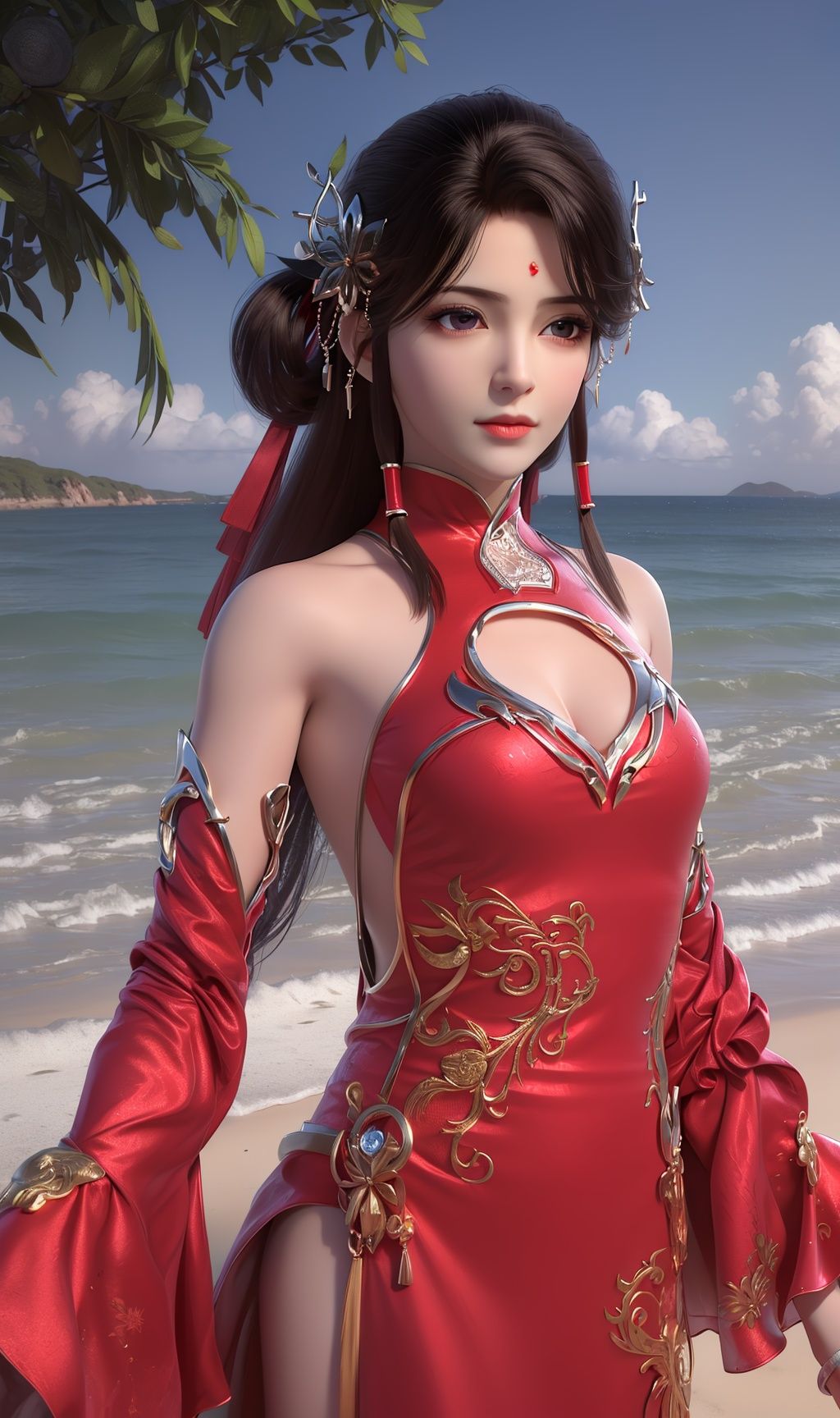 masterpiece,(best quality),(3d)official art, extremely detailed cg 8k wallpaper,((crystalstexture skin)), (extremely delicate and beautiful),highly detailed,((hair_ornament)),1girl,solo,long hair,headwear,(standing),(hair),(closed mouth),(looking at the audience:1.3),(Facing the camera:1.3),hand,gloves,,(dress,chinese_clothes,red_dress),(long_dress),(long sleeves)((Summer, beach, sunbathing, seaside)),((looking_at_viewer)), (medium breasts), (upper body), <lora:hipoly3DModelLora_v10:0.3>