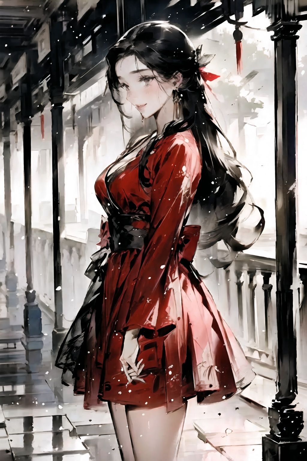 1girl,red dress,<lora:Chinese style_20230608163116:0.8>,<lora:ink_xiakexing_v1_512_PALETTE>,