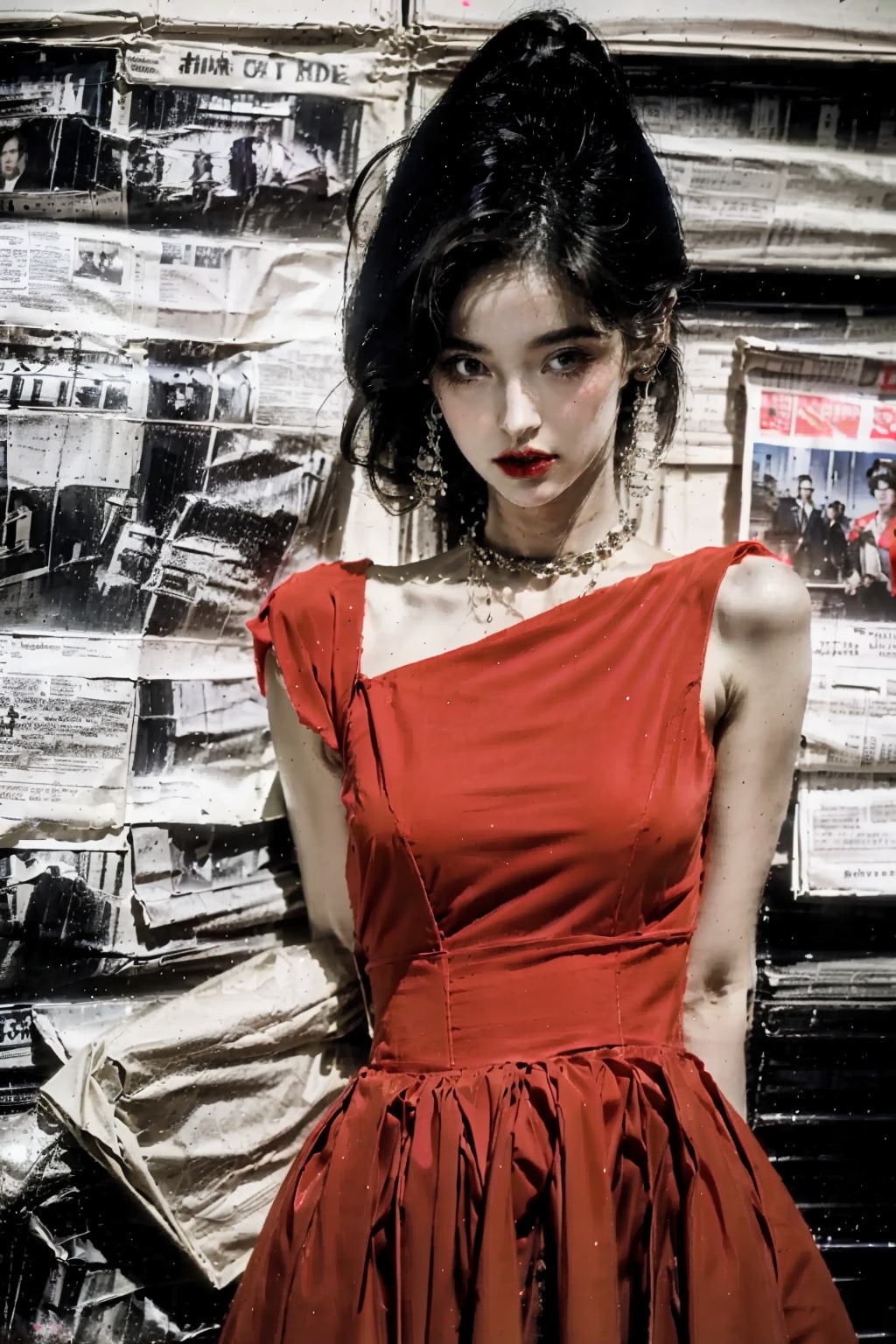  1girl,red dress,girl,Energetic girl,zgct color,1girl,newspaper,90s