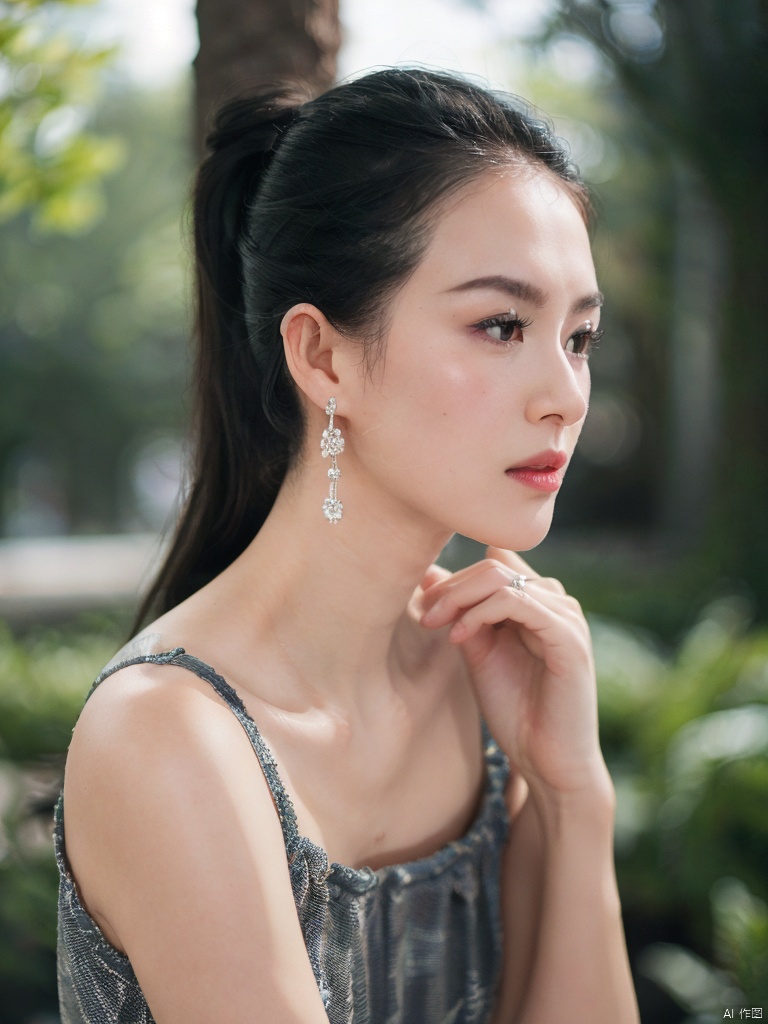  (RAW photo, 4k, realistic, exquisitely detailed skin),masterpiece,best quality,unity 8k wallpaper,ultra detailed,cinematic look,natural skin texture,extremely realistic skin texture,finely detailed face,(film grain:1.2),cinematic angle,Fujifilm XT3,,(highlydetailed),(bright scene),(A close-up shot of a woman with dark brown eyes, a pink lip, and a ring on her left hand. She is wearing a blue dress with a lace pattern on the shoulders. Her hair is pulled back in a ponytail, and she is wearing earrings on her ears. The background is blurred, but it appears to be a forest of trees.),(detailed lighting),(contrast),(mysterious atmosphere),,vivid illumination,,masterful technique,,harmonious composition,,immersive atmosphere,,stunning visuals,