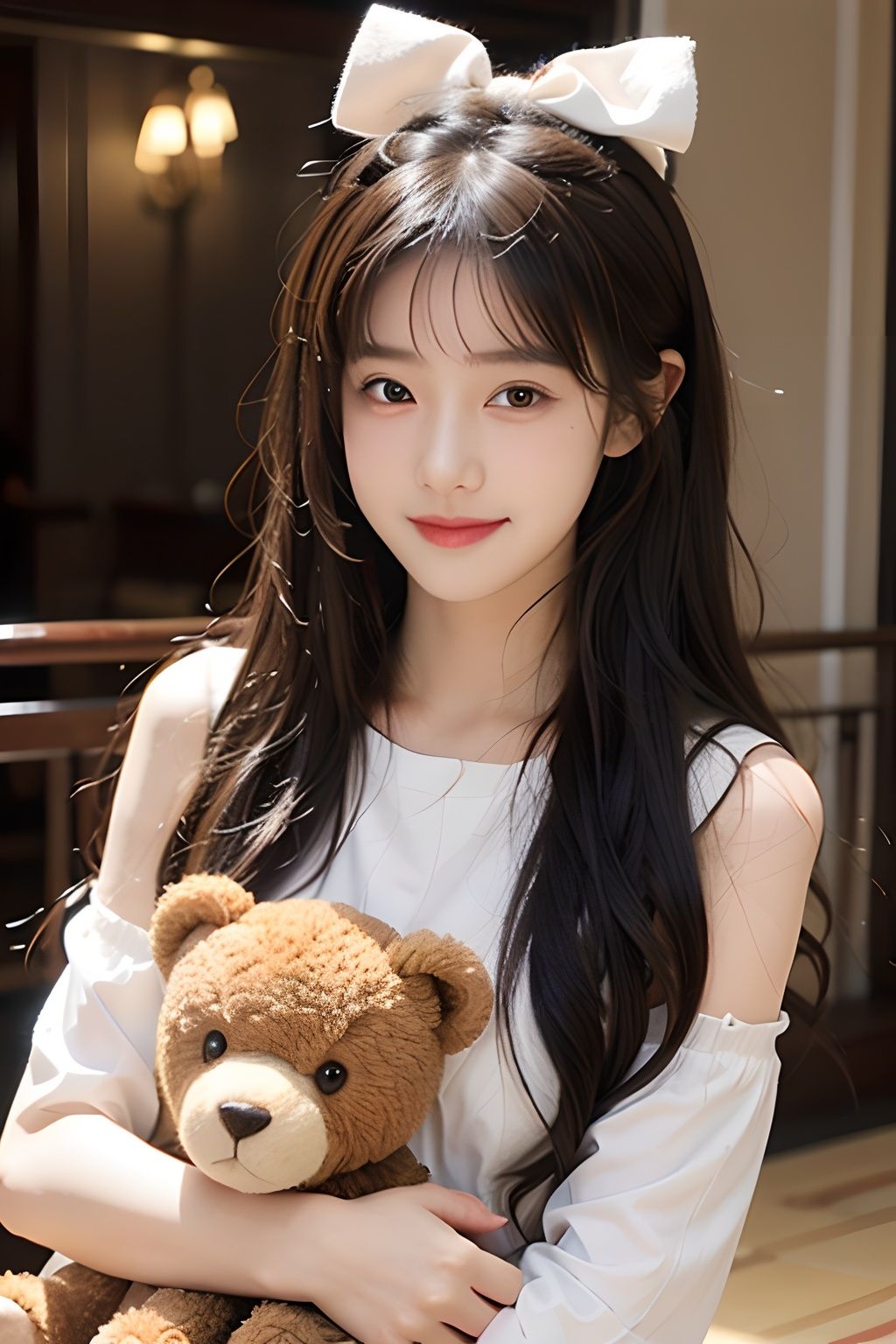  1girl, solo, stuffed toy, stuffed animal, long hair, bow, looking at viewer, hair bow, smile, black hair, ribbon, brown hair, upper body, teddy bear, bangs,1 girl,1girl,moyou