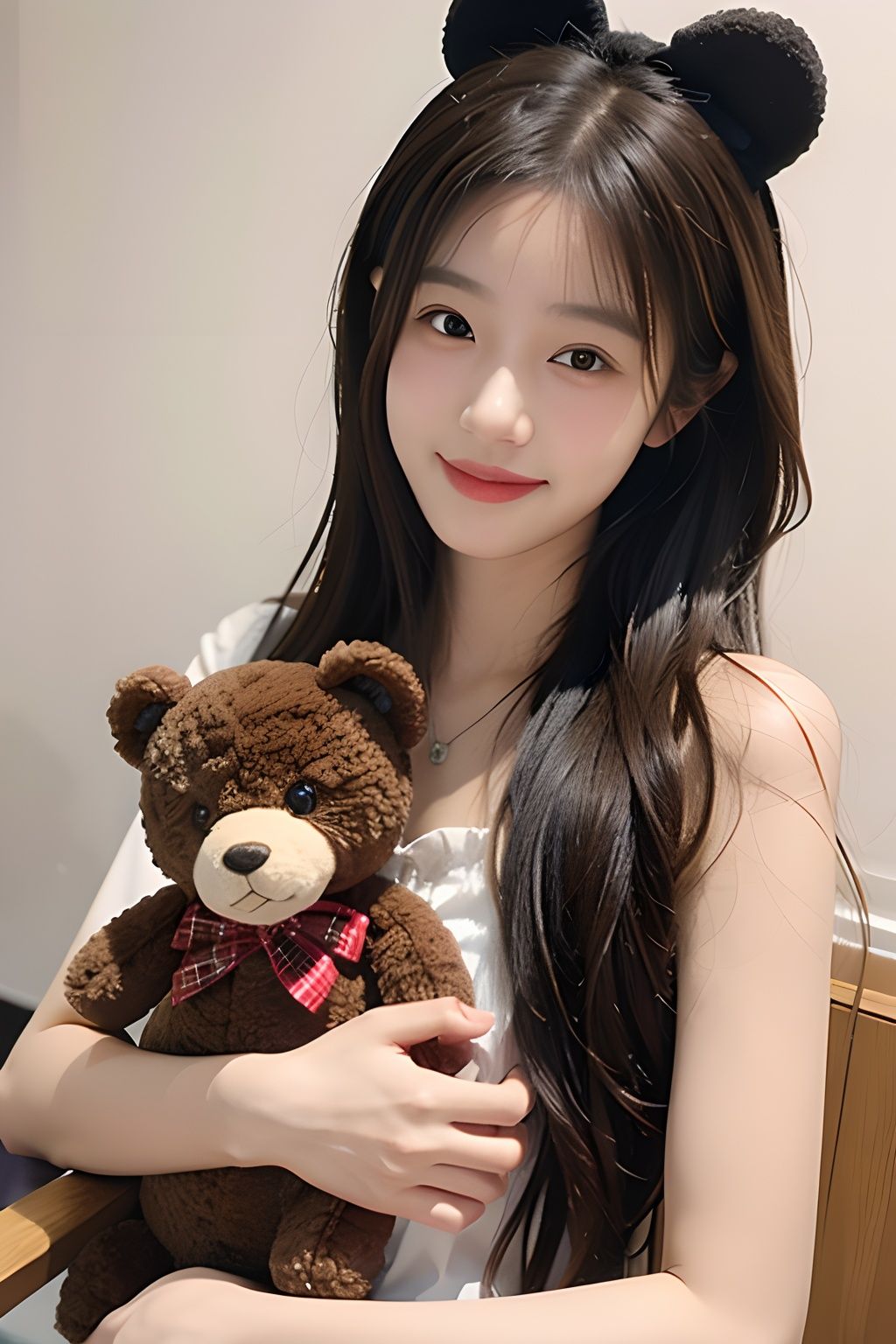  1girl, solo, stuffed toy, stuffed animal, long hair, bow, looking at viewer, hair bow, smile, black hair, ribbon, brown hair, upper body, teddy bear, bangs,1 girl,1girl,moyou
