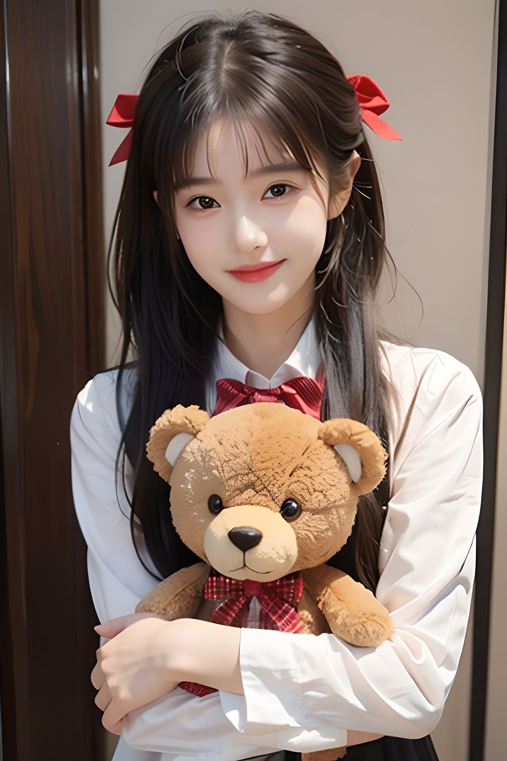  1girl, solo, stuffed toy, stuffed animal, long hair, bow, looking at viewer, hair bow, smile, black hair, ribbon, brown hair, upper body, teddy bear, bangs,1 girl,1girl,moyou