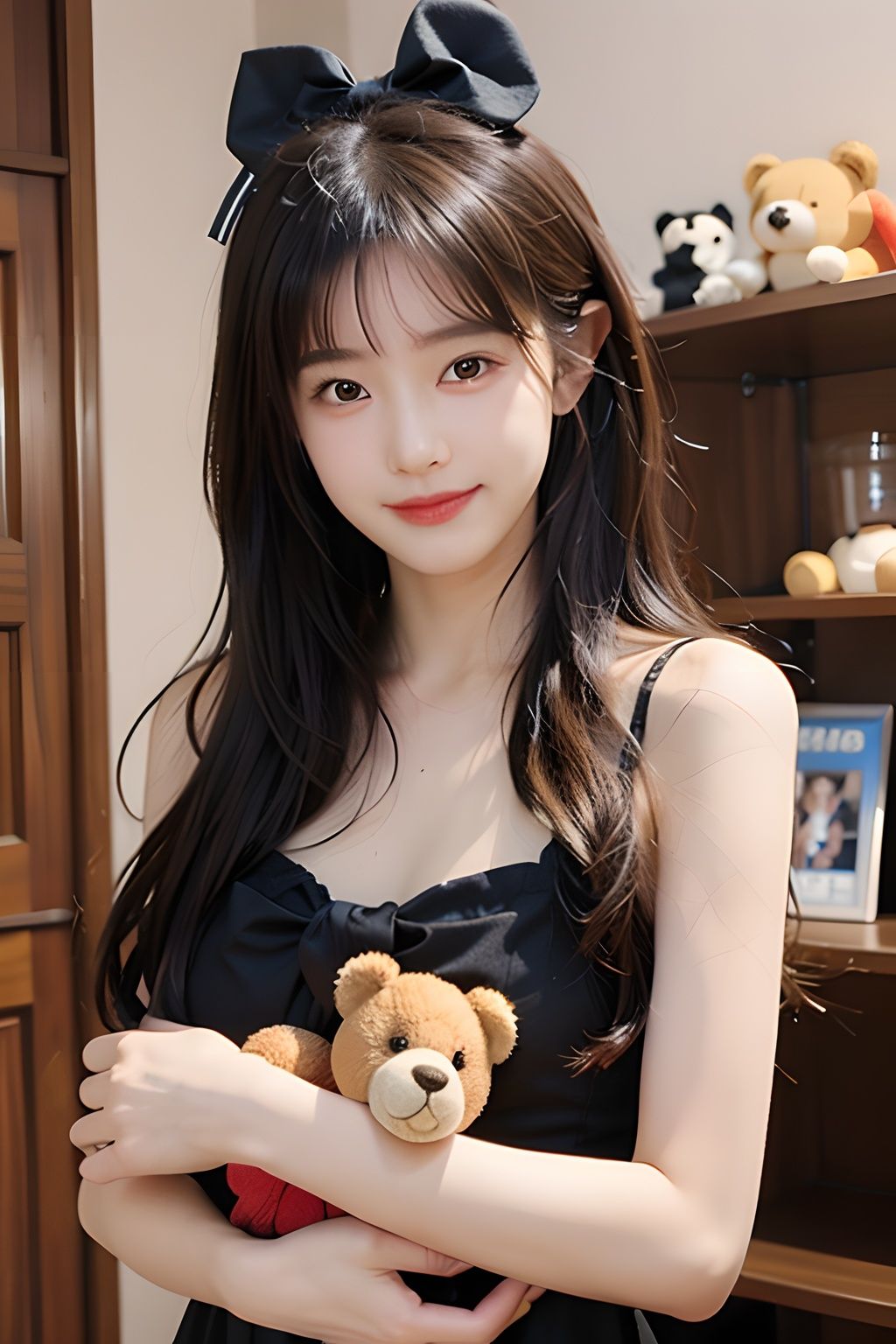  1girl, solo, stuffed toy, stuffed animal, long hair, bow, looking at viewer, hair bow, smile, black hair, ribbon, brown hair, upper body, teddy bear, bangs,1 girl,1girl,moyou