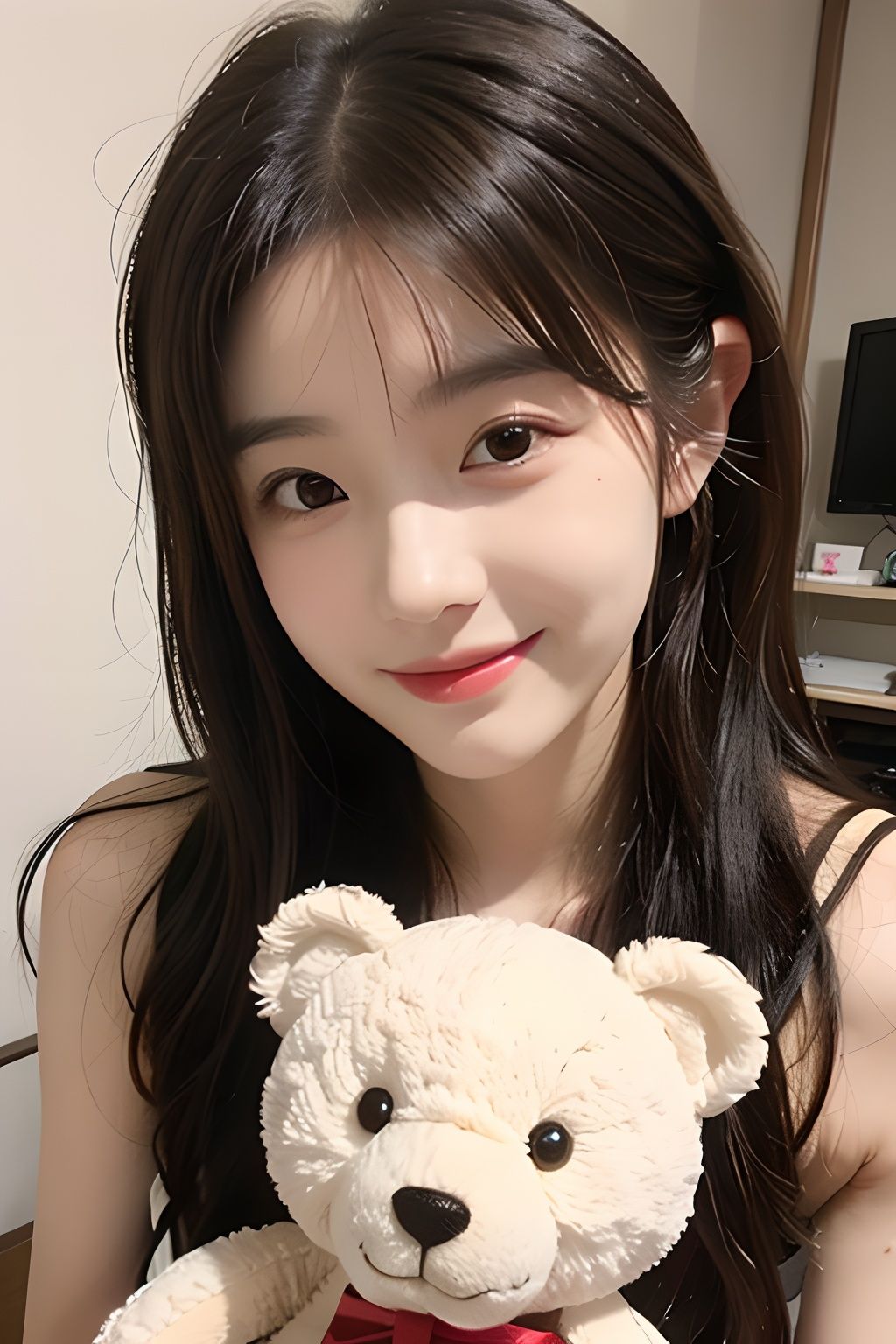  1girl, solo, stuffed toy, stuffed animal, long hair, bow, looking at viewer, hair bow, smile, black hair, ribbon, brown hair, upper body, teddy bear, bangs,1 girl,1girl,moyou